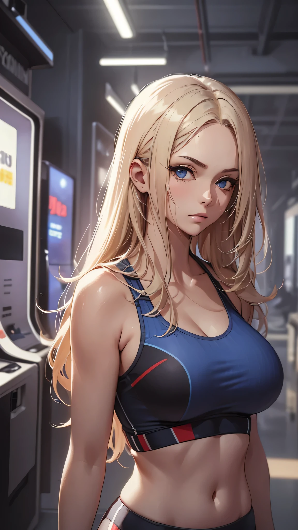 最high quality、best image quality、masterpiece、age girl((20-year-old、 By becoming、vest bust、medium bust,wide open breast tea、black eye, blonde hair、long hair、thin,highest valley、blue sports bra(1:2)、Blue sports pants、sweating、scattering of sweat、Flushed body、- And--Uppose)),high quality、beautiful art、background((arcade))debris flies、Depth of written boundary、movie、visual art、perfect art、8k,genuine、