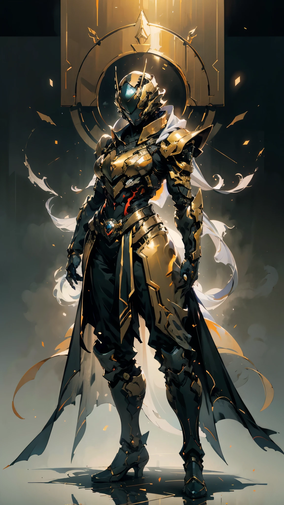 A woman adorned in fantasy-style full-body armor, a crown-concept fully enclosed helmet that unveils only her eyes, a composite layered chest plate, fully encompassing shoulder and hand guards, a lightweight waist armor, form-fitting shin guards, the overall design is heavy-duty yet flexible, (the armor gleams with a golden glow, complemented by red and blue accents), exhibiting a noble aura, she floats above a fantasy-surreal high-tech city, this character embodies a finely crafted fantasy-surreal style armored hero in anime style, exquisite and mature manga art style, (mixture of Queen bee and Spider concept Armor, plasma), ((Element, elegant, goddess, femminine:1.5)), metallic, high definition, best quality, highres, ultra-detailed, ultra-fine painting, extremely delicate, professional, anatomically correct, symmetrical face, extremely detailed eyes and face, high quality eyes, creativity, RAW photo, UHD, 32k, Natural light, cinematic lighting, masterpiece-anatomy-perfect, masterpiece:1.5