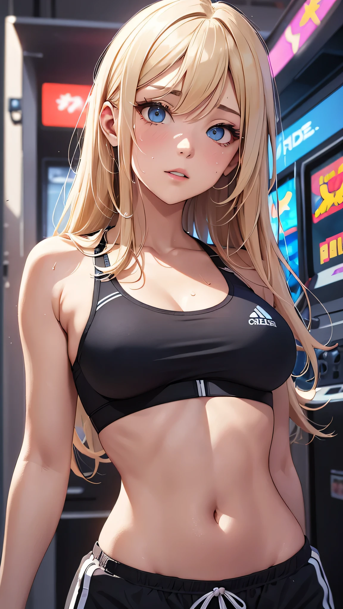 最high quality、best image quality、masterpiece、teenage girl((20-year-old、 By becoming、vest bust、medium bust,wide open breast tea、black eye, blonde hair、long hair、thin,highest valley、blue sports bra(1:2)、Blue sports pants、sweating、scattering of sweat、Flushed body、- And--Uppose、mid-waist)),high quality、beautiful art、background((arcade))debris flies、Depth of written boundary、movie、visual art、perfect art、8k,genuine、