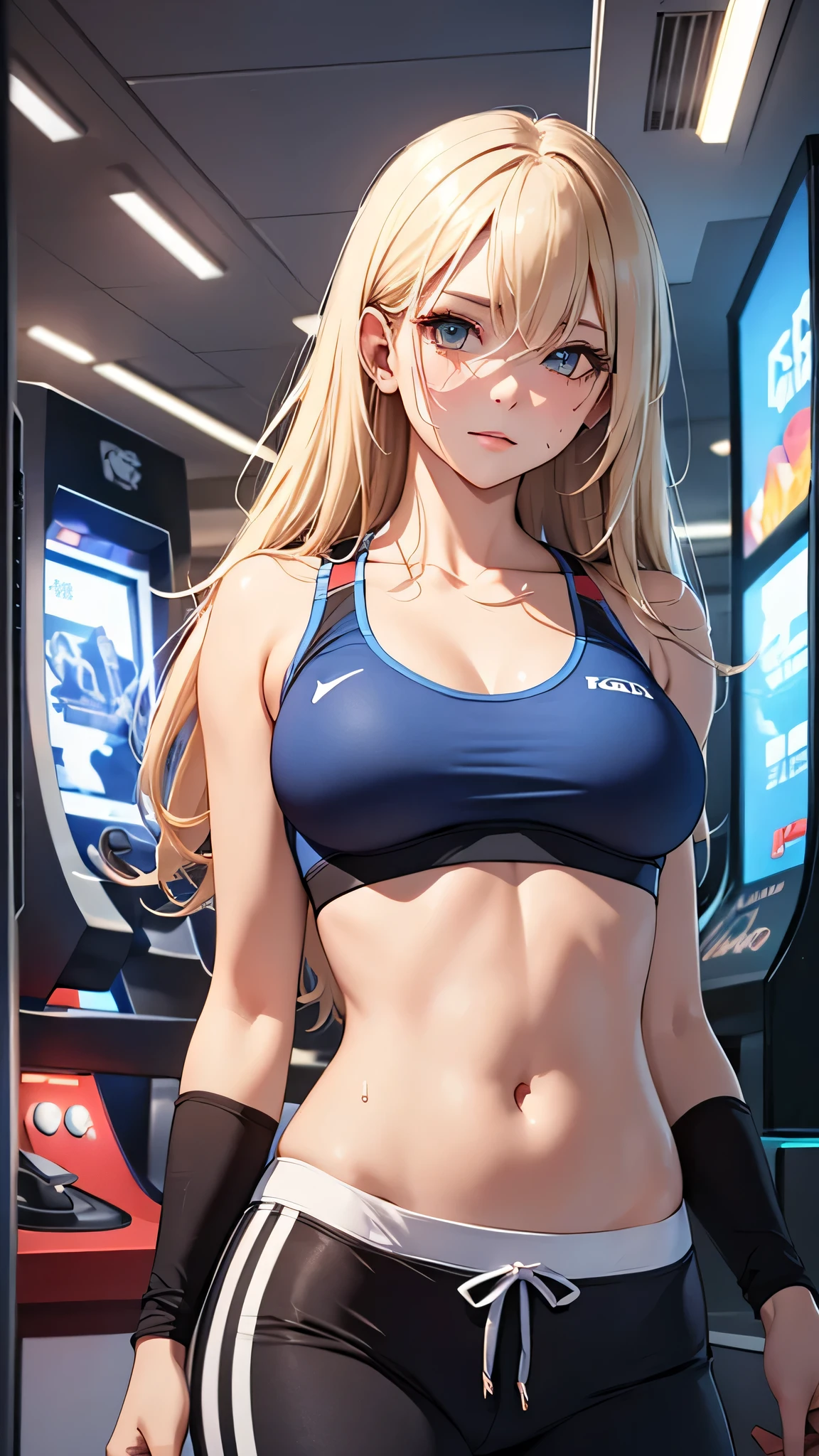 最high quality、best image quality、masterpiece、age girl((20-year-old、 By becoming、vest bust、medium bust,wide open breast tea、black eye, blonde hair、long hair、thin,highest valley、blue sports bra(1:2)、Blue sports pants、sweating、scattering of sweat、Flushed body、- And--Uppose、mid-waist)),high quality、beautiful art、background((arcade))debris flies、Depth of written boundary、movie、visual art、perfect art、8k,genuine、