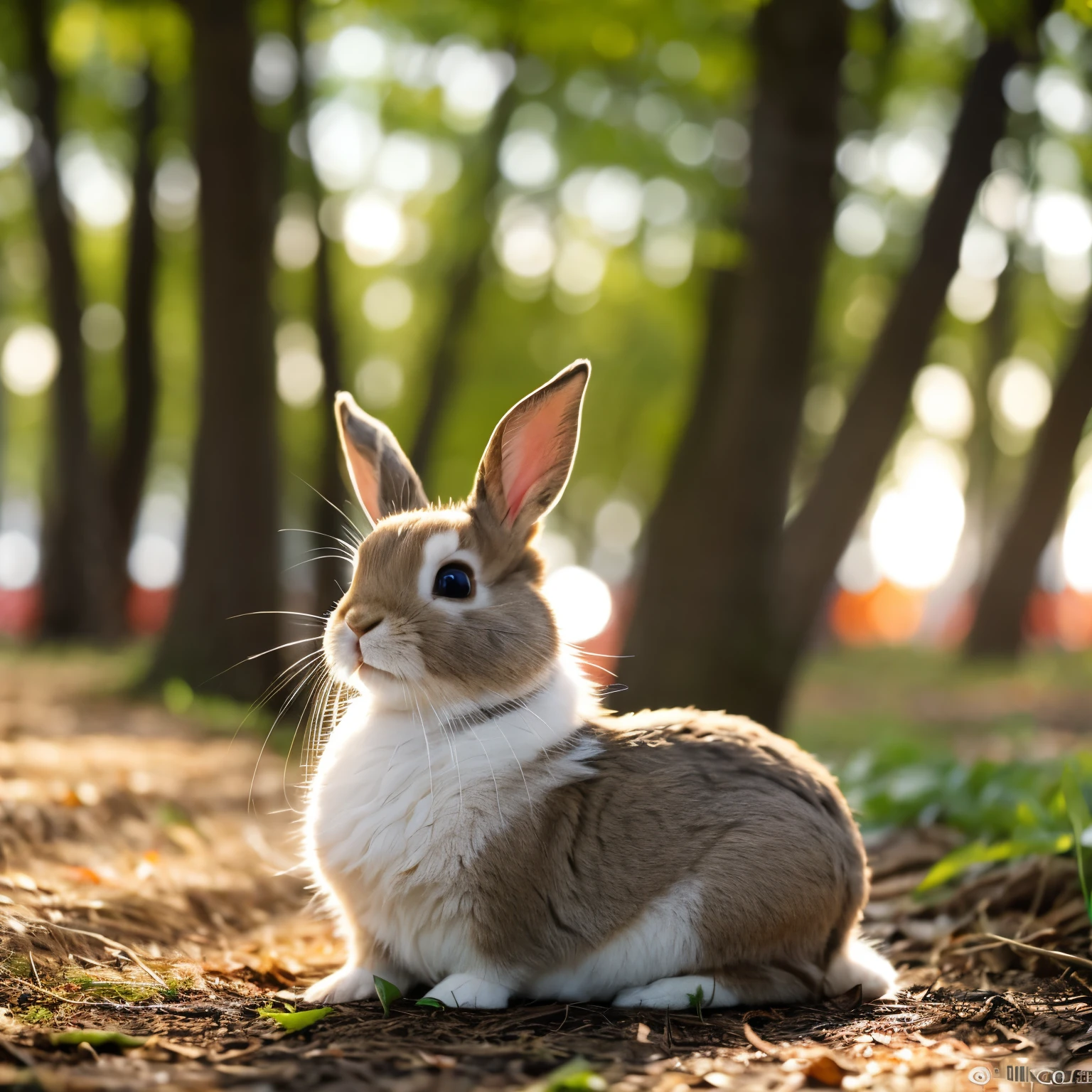 Curled up rabbit, perfectly balanced, adorable figure, fluffy fur, in the woods with the sun shining through the trees, close-up of the front, small ears, one neck, Netherland dwarf, Japanese anime, chewing on a carrot,