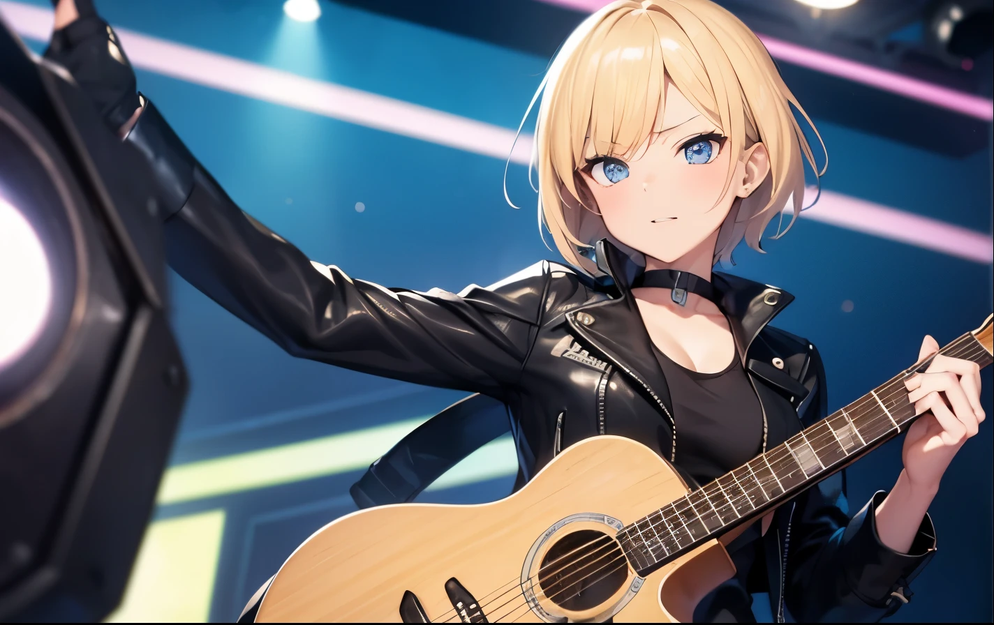 High resolution, 2D anime style,,blue eyes beautiful eyes,high and beautiful nose,thin face,blonde boyish short hair,cool adult woman,chest is a little big,She looks very happy,bite&#39;lips, she was very angry, she narrows her eyes,Punk fashion that shows cleavage,she is wearing a leather jacket and shorts.,have a guitar,i play the guitar,sing,Inside the studio
