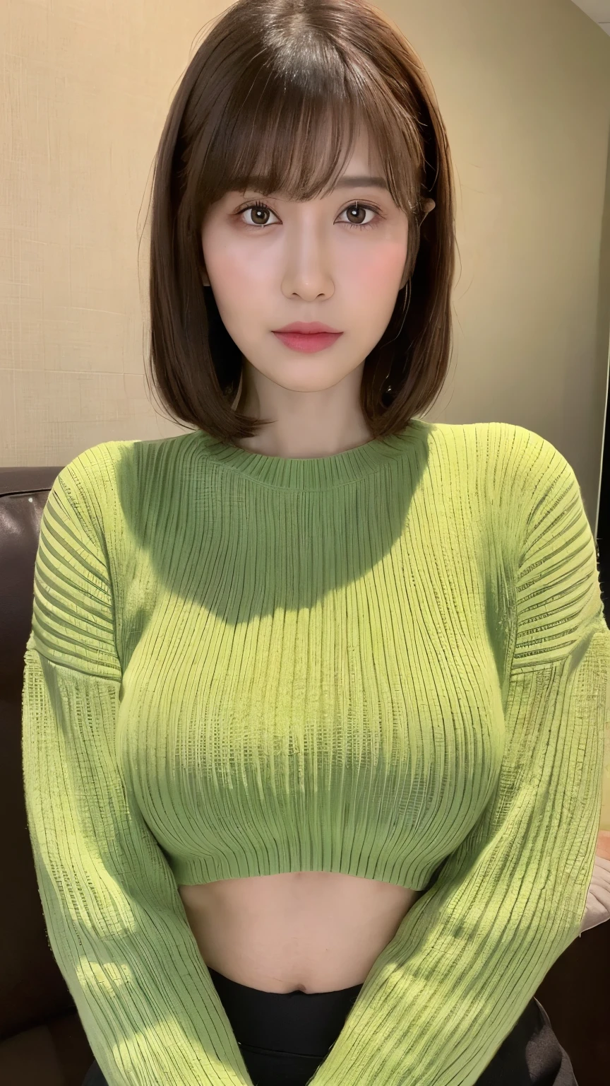 ((highest quality, 8k, masterpiece :1.3)), whole body, sharp focus :1.2, beautiful woman with perfect figure :1.4, thin abs :1.2, ((dark brown hair, big breasts :1.2)), Highly detailed face and skin texture, fine eyes, double eyelid, small bust, ((40 generation women:1.5)), bangs、Green knitwear、Tight Skirt、living room background