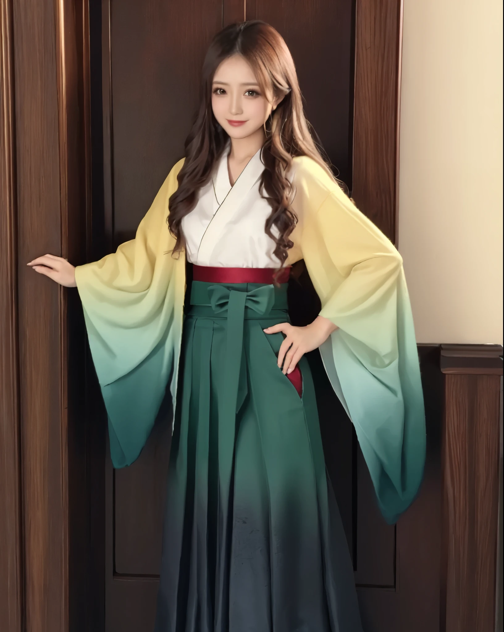 (masterpiece), (best quality), (ultra-detailed), photorealistic, (best illustration), (an extremely delicate and beautiful), 1girl, solo, finely detailed eyes, finely detailed iris, (light yellow kimono), (wide sleeves), long sleeves, smile, full body, standing, cross-laced footwear, brown boots, high heel boots, military library, detailed indoor scenery, hands on hips, long hair, wavy hair, ((gradient sleeves))
BREAK (green hakama), hakama skirt, long skirt