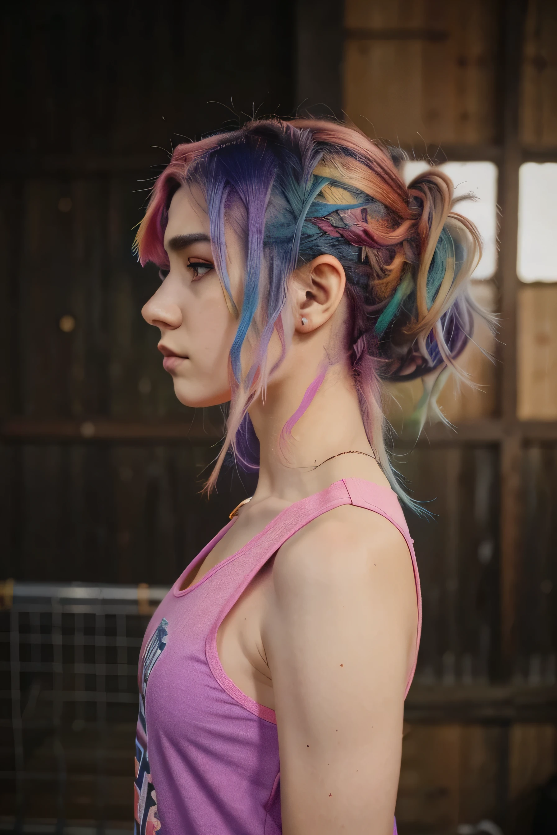 arafed woman with colorful hair and a pink tank top, looks a blend of grimes, she looks like a mix of grimes, with sprouting rainbow hair, colored hair, dyed hair, brilliantly colored, looks like a mix of grimes, colorful hair, rainbow hair, grungy woman with rainbow hair, multicolored hair, aurora colored hair, color portrait, face profile, profile, looking away, looking to the right, profile face