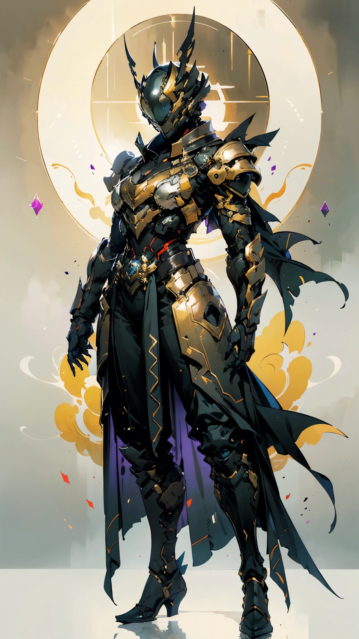 A woman adorned in fantasy-style full-body armor, a crown-concept fully enclosed helmet that unveils only her eyes, a composite layered chest plate, fully encompassing shoulder and hand guards, a lightweight waist armor, form-fitting shin guards, the overall design is heavy-duty yet flexible, (the armor gleams with a golden glow, complemented by red and blue accents), exhibiting a noble aura, she floats above a fantasy-surreal high-tech city, this character embodies a finely crafted fantasy-surreal style armored hero in anime style, exquisite and mature manga art style, (mixture of Queen bee and Spider concept Armor, plasma), ((Element, elegant, goddess, femminine:1.5)), metallic, high definition, best quality, highres, ultra-detailed, ultra-fine painting, extremely delicate, professional, anatomically correct, symmetrical face, extremely detailed eyes and face, high quality eyes, creativity, RAW photo, UHD, 32k, Natural light, cinematic lighting, masterpiece-anatomy-perfect, masterpiece:1.5