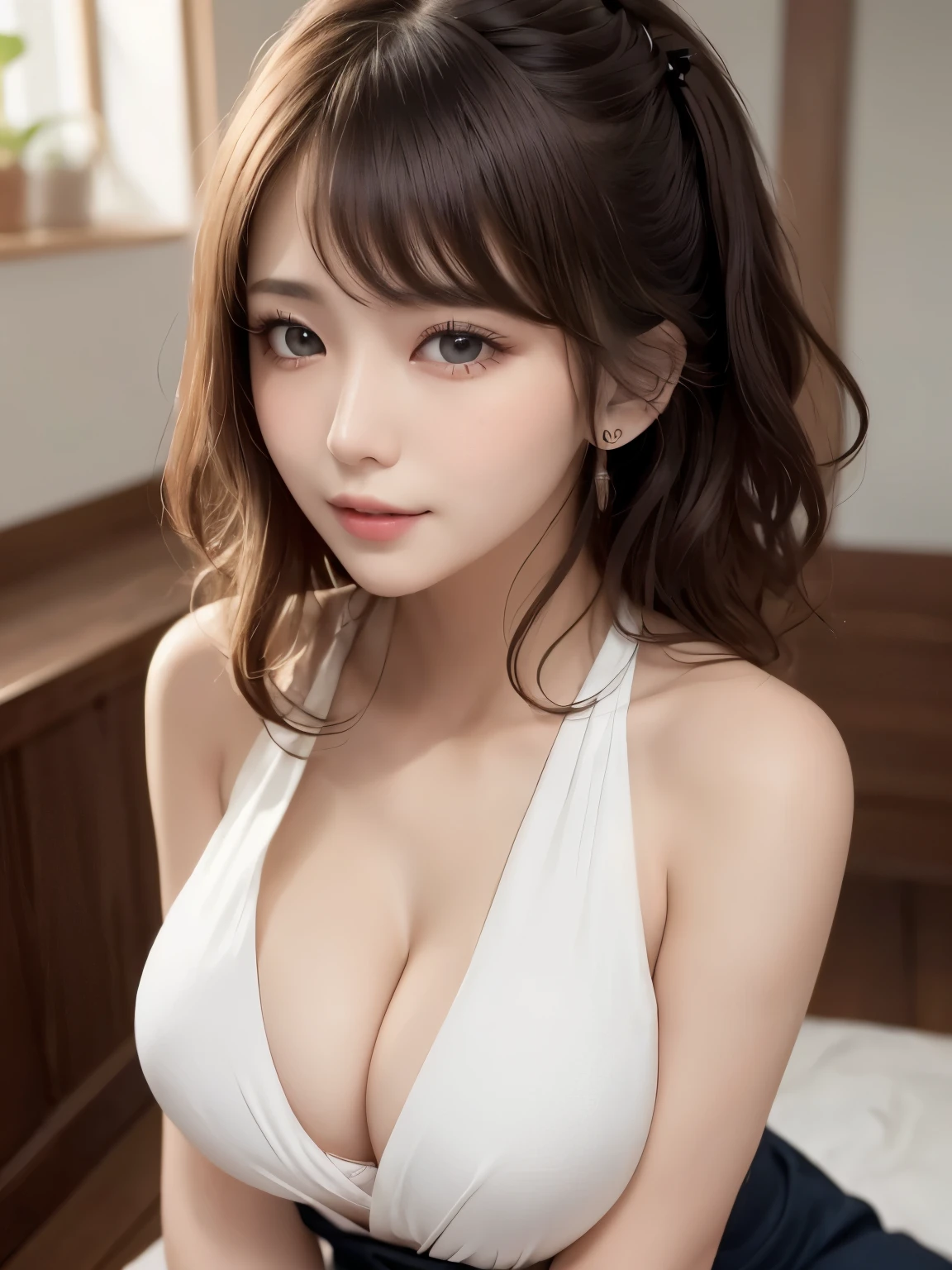 The most beautiful woman in the world, (masterpiece:1.3), the best quality, high resolution, ultra detailed, extremely detailed CG unity 16K wallpaper, realistic, photo-realistic, RAW photo, beautiful detailed face, detailed cloth texture, detailed hair texture, accurate, Anatomically correct, Highly detailed face and skin texture, (alone girl:1.8), beautiful girl, stunning beauty, real, smile, low angle, bending forward, entire body, (slender thighs:1.4), (large eyes: 1.2), double eyelids, professional camera work, sultry Korean idol, cute Korean idol, fair complexion, (captivating expressions: 1.2), (short skirt:1.2, red button-up shirt:1.4), (ample bosom: 1.2), (poses emphasizing the chest: 1.6), ((adorable beauty: 1.1)), beautiful chest, (blurry background), ponytail hairstyle, (beautiful colorful hair, curly, sleek hair, bangs), beautiful face and eyes, cowboy pose, multicolored hair, gradient hair, twin drills, mole under eye, mismatched pupils, aqua eyes, closed mouth, naughty, Expressionism, sparkle, depth of field, god rays, UHD, retina, curate, anatomically correct, best quality, award winning, 16k, The most beautiful woman in the world, (masterpiece:1.3), realistic