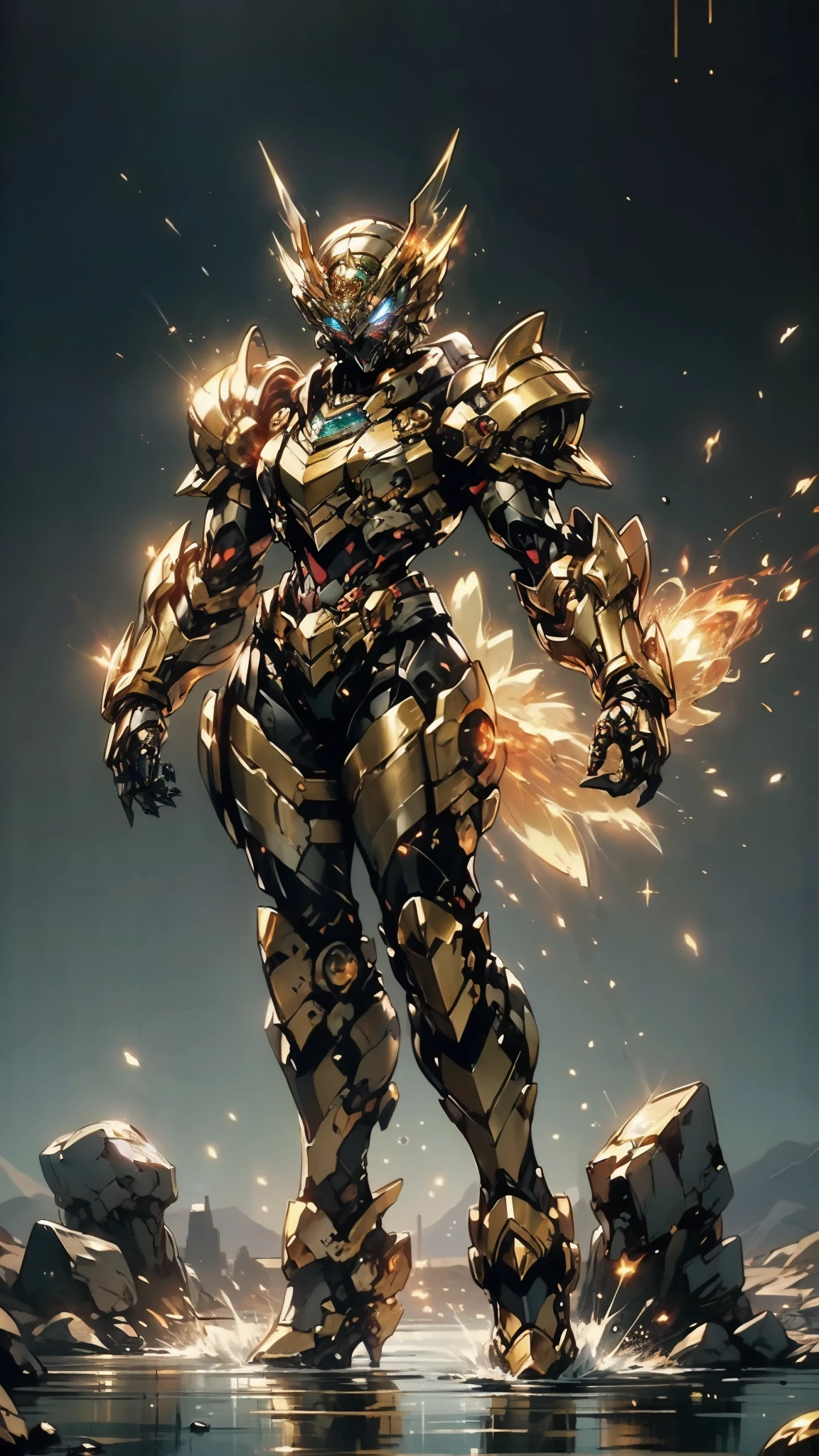 A woman adorned in fantasy-style full-body armor, a crown-concept fully enclosed helmet that unveils only her eyes, a composite layered chest plate, fully encompassing shoulder and hand guards, a lightweight waist armor, form-fitting shin guards, the overall design is heavy-duty yet flexible, (the armor gleams with a golden glow, complemented by red and blue accents), exhibiting a noble aura, she floats above a fantasy-surreal high-tech city, this character embodies a finely crafted fantasy-surreal style armored hero in anime style, exquisite and mature manga art style, (mixture of Queen bee and Spider concept Armor, plasma), ((Element, elegant, goddess, femminine:1.5)), metallic, high definition, best quality, highres, ultra-detailed, ultra-fine painting, extremely delicate, professional, anatomically correct, symmetrical face, extremely detailed eyes and face, high quality eyes, creativity, RAW photo, UHD, 32k, Natural light, cinematic lighting, masterpiece-anatomy-perfect, masterpiece:1.5