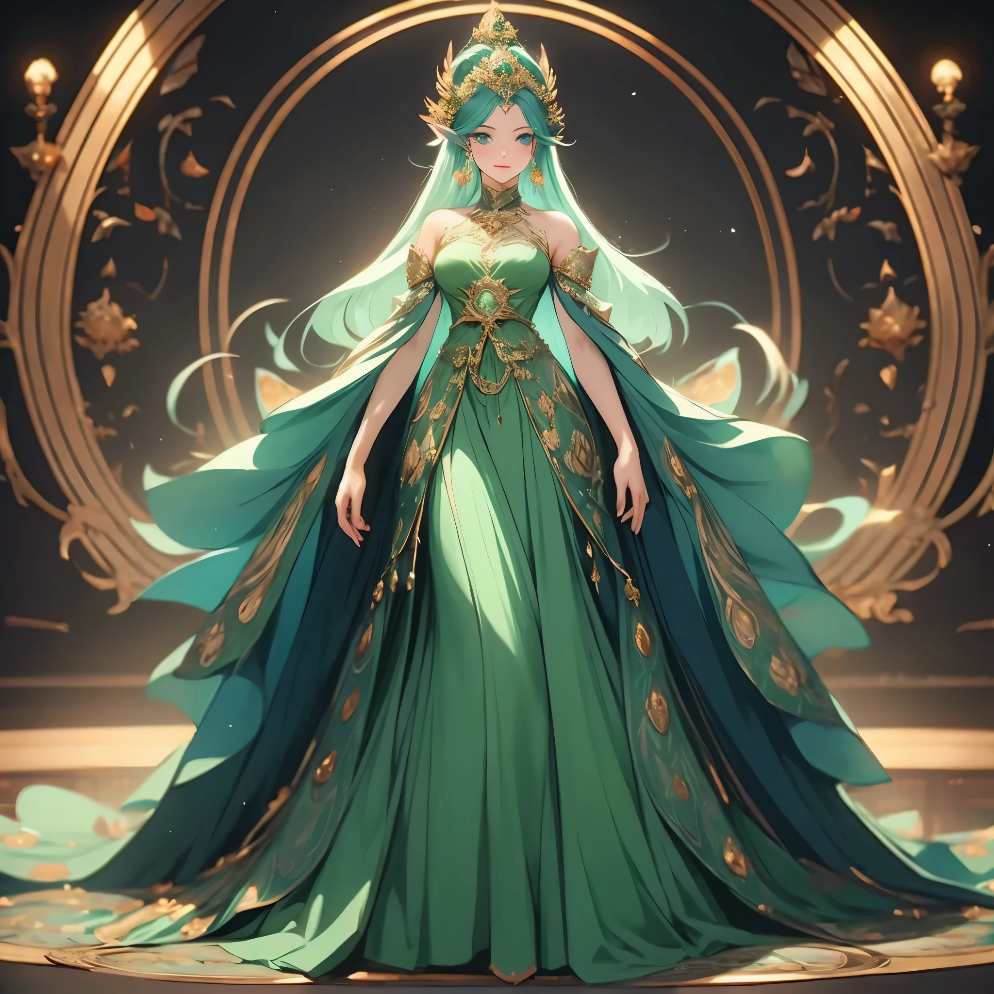 a woman in a green dress standing in front of a circular frame, a beautiful fantasy empress, ((a beautiful fantasy empress)), beautiful and elegant elf queen, gilded lotus princess, an elf queen, fey queen of the summer forest, fantasy art style, elf queen, trending on artstation pixiv, royal elegant pose, anime goddess, 8k high quality detailed art, half body, half-body