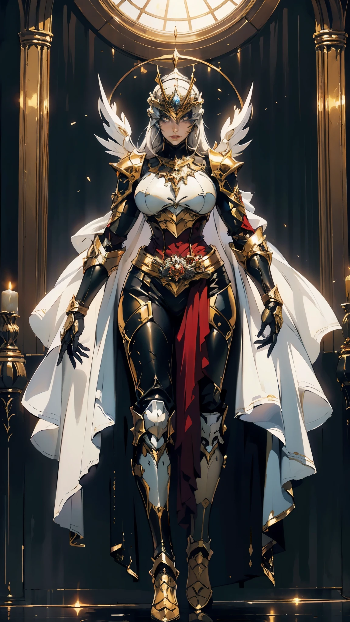 A woman adorned in fantasy-style full-body armor, a crown-concept fully enclosed helmet that unveils only her eyes, a composite layered chest plate, fully encompassing shoulder and hand guards, a lightweight waist armor, form-fitting shin guards, the overall design is heavy-duty yet flexible, (the armor gleams with a golden glow, complemented by red and blue accents), exhibiting a noble aura, she floats above a fantasy-surreal high-tech city, this character embodies a finely crafted fantasy-surreal style armored hero in anime style, exquisite and mature manga art style, (mixture of Queen bee and Spider concept Armor, plasma), ((Element, elegant, goddess, femminine:1.5)), metallic, high definition, best quality, highres, ultra-detailed, ultra-fine painting, extremely delicate, professional, anatomically correct, symmetrical face, extremely detailed eyes and face, high quality eyes, creativity, RAW photo, UHD, 32k, Natural light, cinematic lighting, masterpiece-anatomy-perfect, masterpiece:1.5