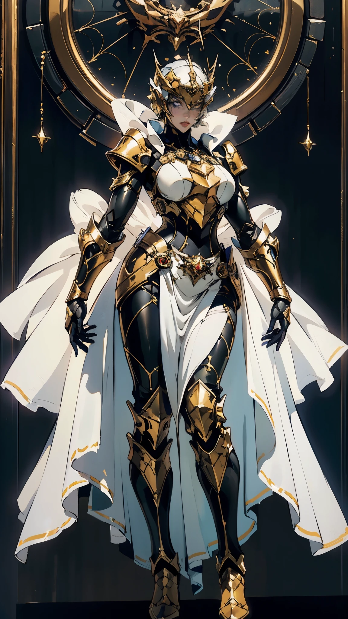 A woman adorned in fantasy-style full-body armor, a crown-concept fully enclosed helmet that unveils only her eyes, a composite layered chest plate, fully encompassing shoulder and hand guards, a lightweight waist armor, form-fitting shin guards, the overall design is heavy-duty yet flexible, (the armor gleams with a golden glow, complemented by red and blue accents), exhibiting a noble aura, she floats above a fantasy-surreal high-tech city, this character embodies a finely crafted fantasy-surreal style armored hero in anime style, exquisite and mature manga art style, (mixture of Queen bee and Spider concept Armor, plasma), ((Element, elegant, goddess, femminine:1.5)), metallic, high definition, best quality, highres, ultra-detailed, ultra-fine painting, extremely delicate, professional, anatomically correct, symmetrical face, extremely detailed eyes and face, high quality eyes, creativity, RAW photo, UHD, 32k, Natural light, cinematic lighting, masterpiece-anatomy-perfect, masterpiece:1.5