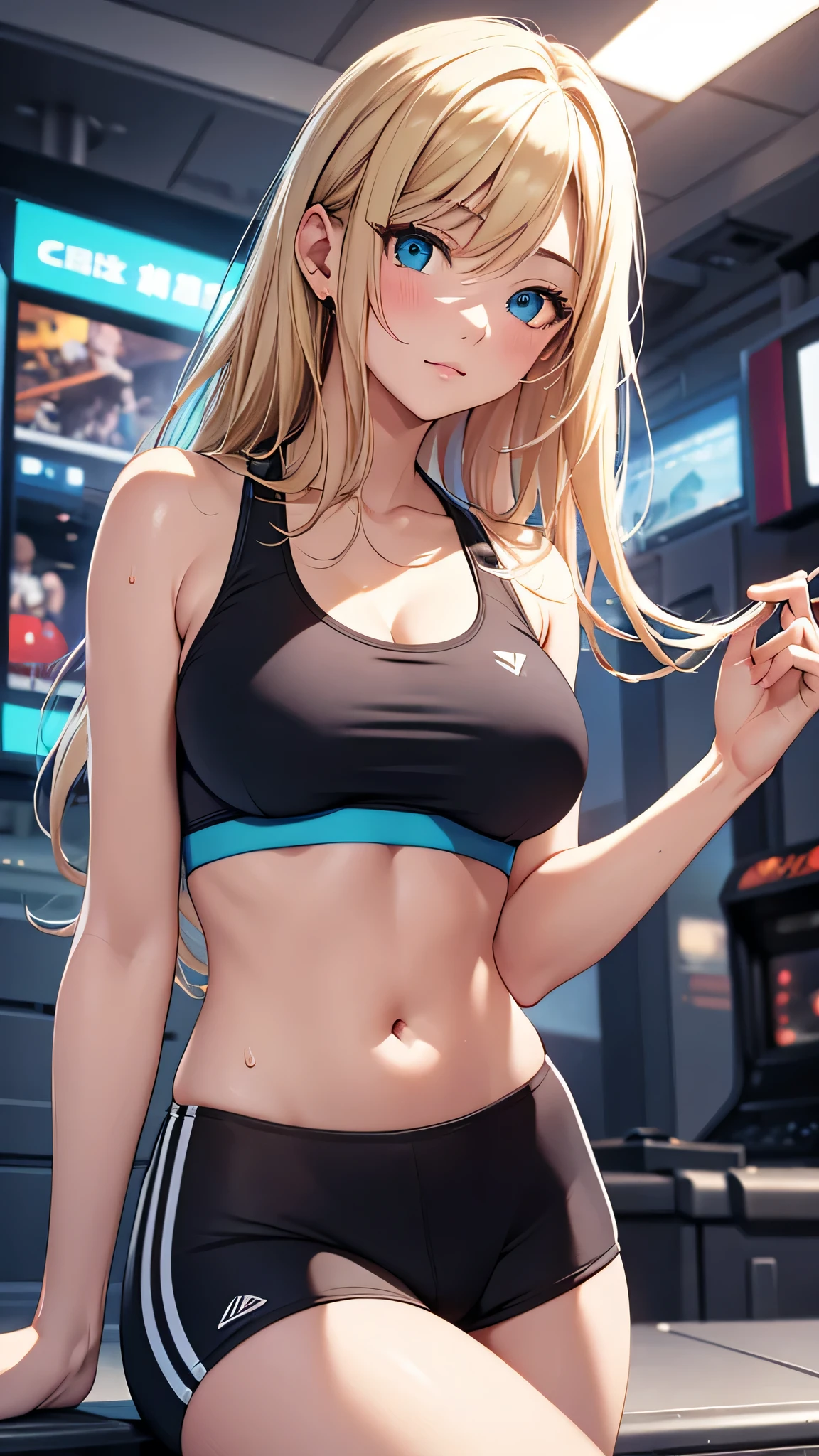 最high quality、best image quality、masterpiece、age girl((20-year-old、 By becoming、vest bust、medium bust,wide open breast tea、black eye, blonde hair、long hair、thin,highest valley、blue sports bra(1:2)、Blue sports pants、sweating、scattering of sweat、Flushed body、- And--Uppose、mid-waist)),high quality、beautiful art、background((arcade))debris flies、Depth of written boundary、movie、visual art、perfect art、8k,genuine、