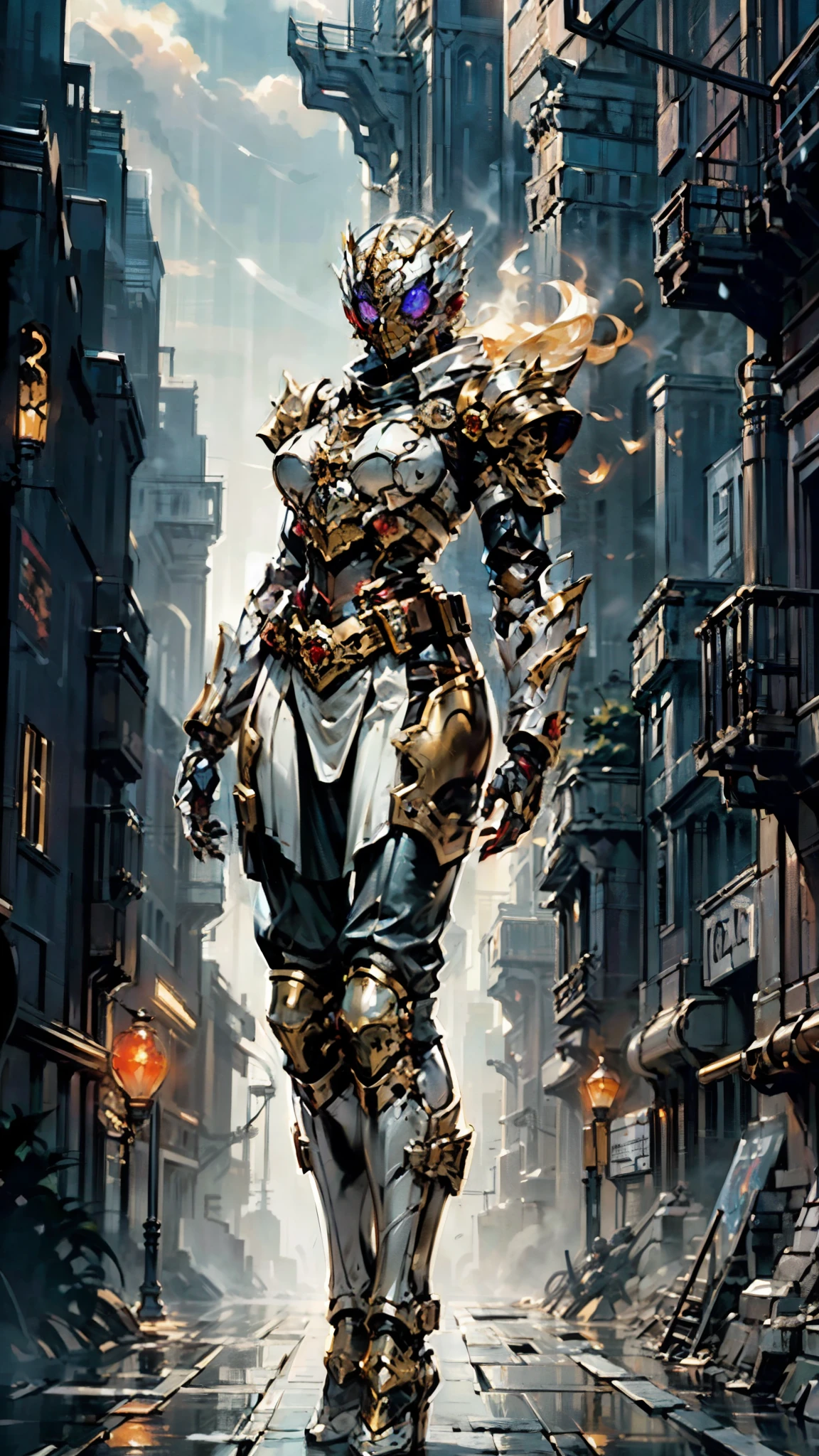 A woman adorned in fantasy-style full-body armor, a crown-concept fully enclosed helmet that unveils only her eyes, a composite layered chest plate, fully encompassing shoulder and hand guards, a lightweight waist armor, form-fitting shin guards, the overall design is heavy-duty yet flexible, (the armor gleams with a golden glow, complemented by red and blue accents), exhibiting a noble aura, she floats above a fantasy-surreal high-tech city, this character embodies a finely crafted fantasy-surreal style armored hero in anime style, exquisite and mature manga art style, (mixture of Queen bee and Spider concept Armor, plasma), ((Element, elegant, goddess, femminine:1.5)), metallic, high definition, best quality, highres, ultra-detailed, ultra-fine painting, extremely delicate, professional, anatomically correct, symmetrical face, extremely detailed eyes and face, high quality eyes, creativity, RAW photo, UHD, 32k, Natural light, cinematic lighting, masterpiece-anatomy-perfect, masterpiece:1.5
