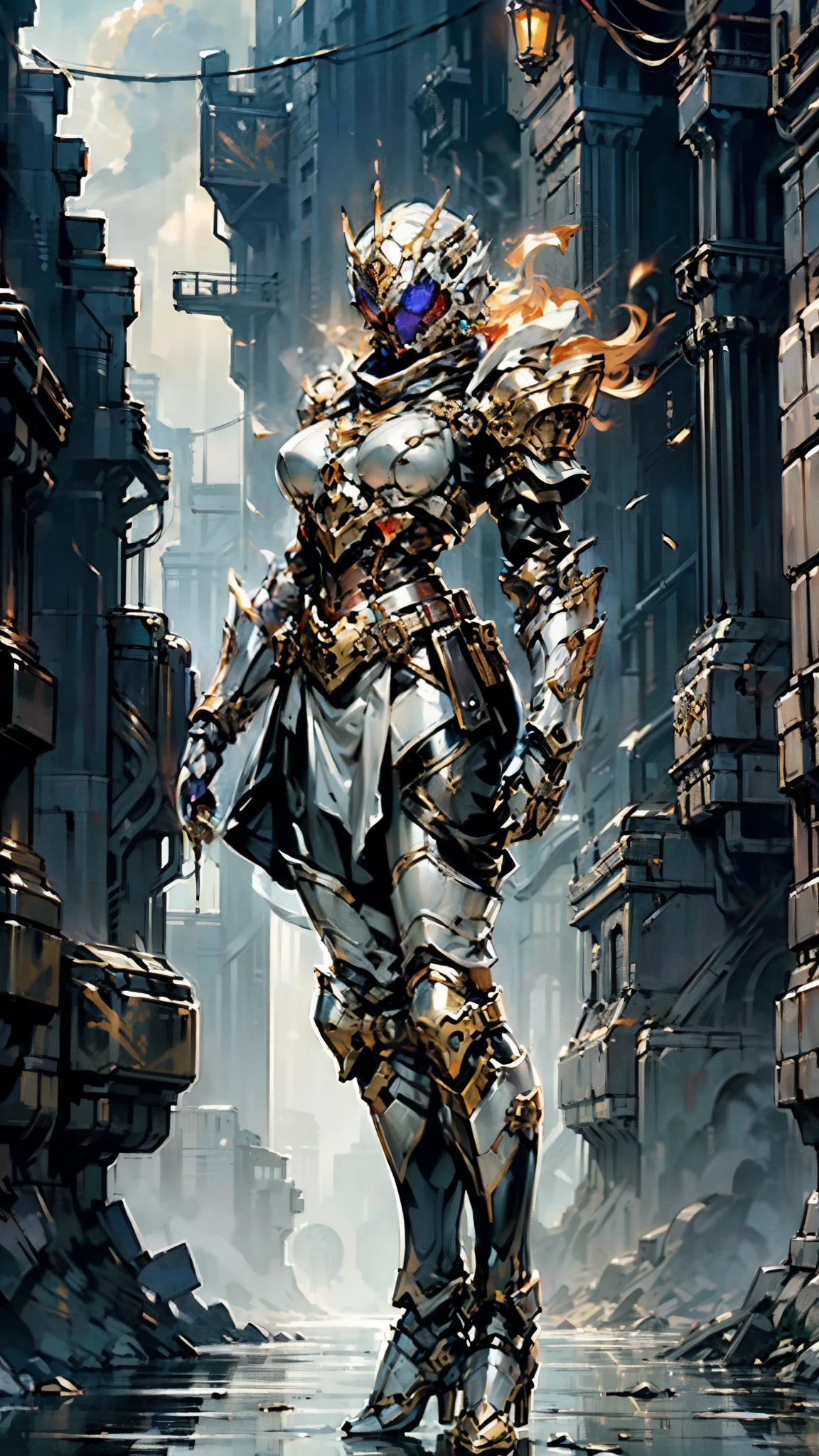 A woman adorned in fantasy-style full-body armor, a crown-concept fully enclosed helmet that unveils only her eyes, a composite layered chest plate, fully encompassing shoulder and hand guards, a lightweight waist armor, form-fitting shin guards, the overall design is heavy-duty yet flexible, (the armor gleams with a golden glow, complemented by red and blue accents), exhibiting a noble aura, she floats above a fantasy-surreal high-tech city, this character embodies a finely crafted fantasy-surreal style armored hero in anime style, exquisite and mature manga art style, (mixture of Queen bee and Spider concept Armor, plasma), ((Element, elegant, goddess, femminine:1.5)), metallic, high definition, best quality, highres, ultra-detailed, ultra-fine painting, extremely delicate, professional, anatomically correct, symmetrical face, extremely detailed eyes and face, high quality eyes, creativity, RAW photo, UHD, 32k, Natural light, cinematic lighting, masterpiece-anatomy-perfect, masterpiece:1.5