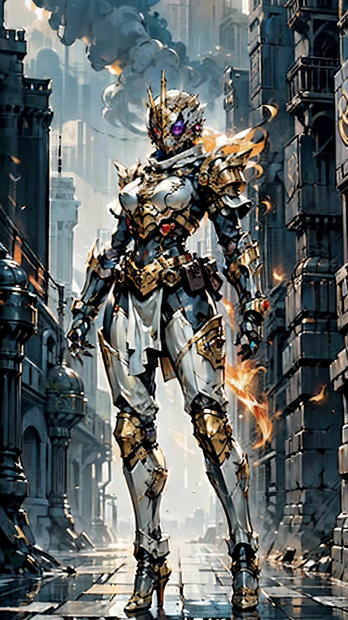 A woman adorned in fantasy-style full-body armor, a crown-concept fully enclosed helmet that unveils only her eyes, a composite layered chest plate, fully encompassing shoulder and hand guards, a lightweight waist armor, form-fitting shin guards, the overall design is heavy-duty yet flexible, (the armor gleams with a golden glow, complemented by red and blue accents), exhibiting a noble aura, she floats above a fantasy-surreal high-tech city, this character embodies a finely crafted fantasy-surreal style armored hero in anime style, exquisite and mature manga art style, (mixture of Queen bee and Spider concept Armor, plasma), ((Element, elegant, goddess, femminine:1.5)), metallic, high definition, best quality, highres, ultra-detailed, ultra-fine painting, extremely delicate, professional, anatomically correct, symmetrical face, extremely detailed eyes and face, high quality eyes, creativity, RAW photo, UHD, 32k, Natural light, cinematic lighting, masterpiece-anatomy-perfect, masterpiece:1.5