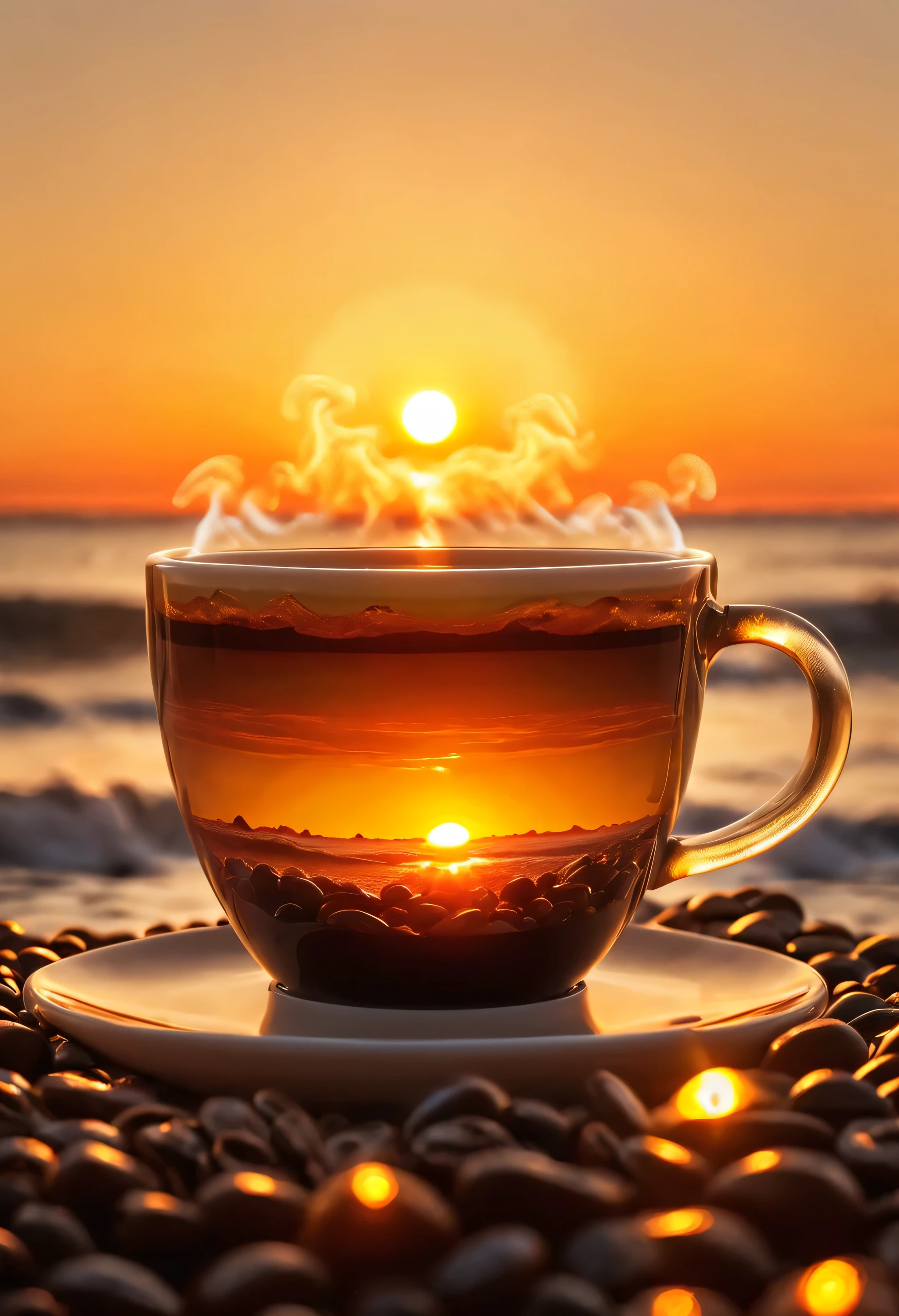 Coffee and Sunrise/Sunset: Capture the warm, soft light of a sunrise or sunset illuminating your coffee cup for a serene and calming image. steam coming from coffee cup. 8k