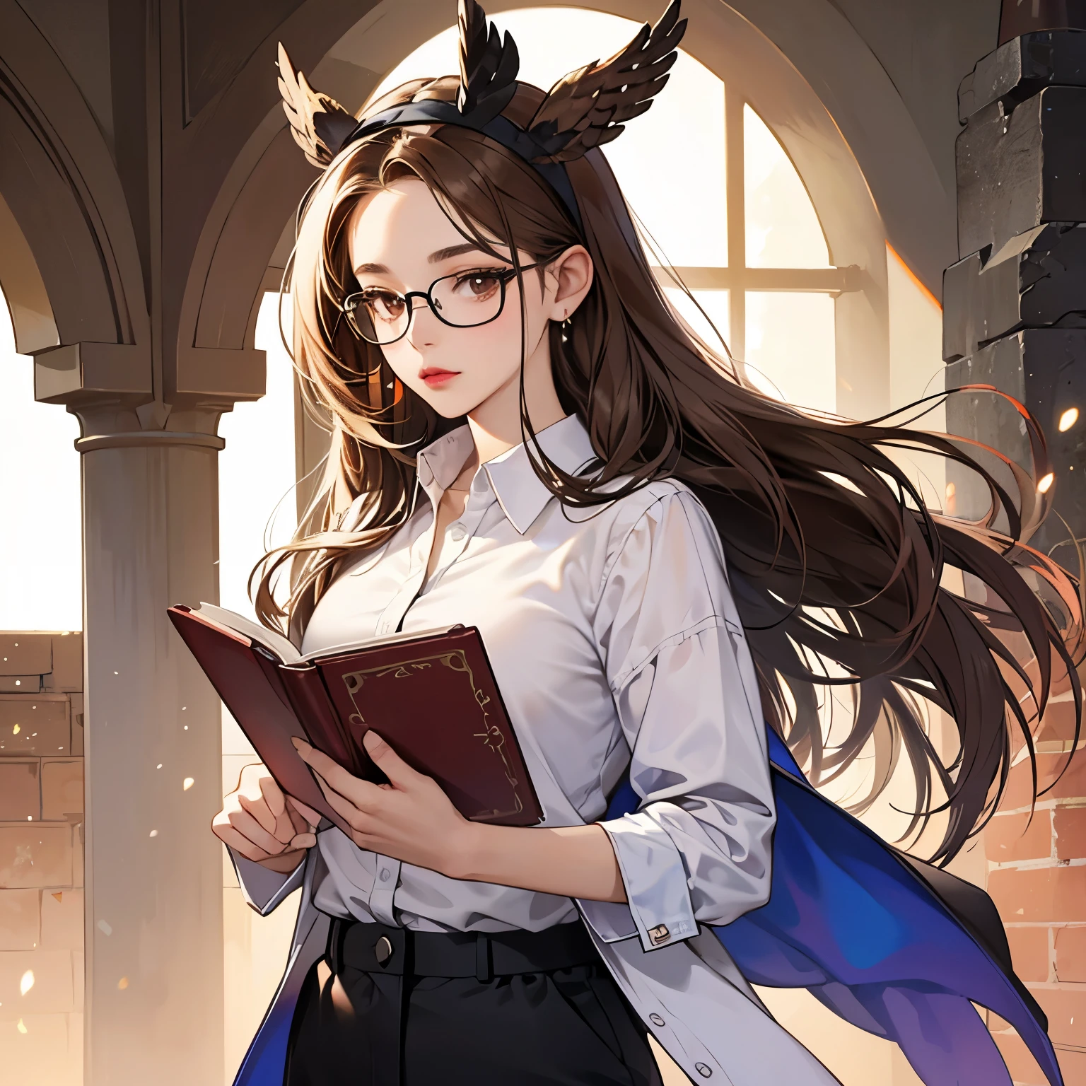1girll, long hair, glasses, brown hair style, owl head band, red lips, white shirt, black pants, looking book, face focuss,