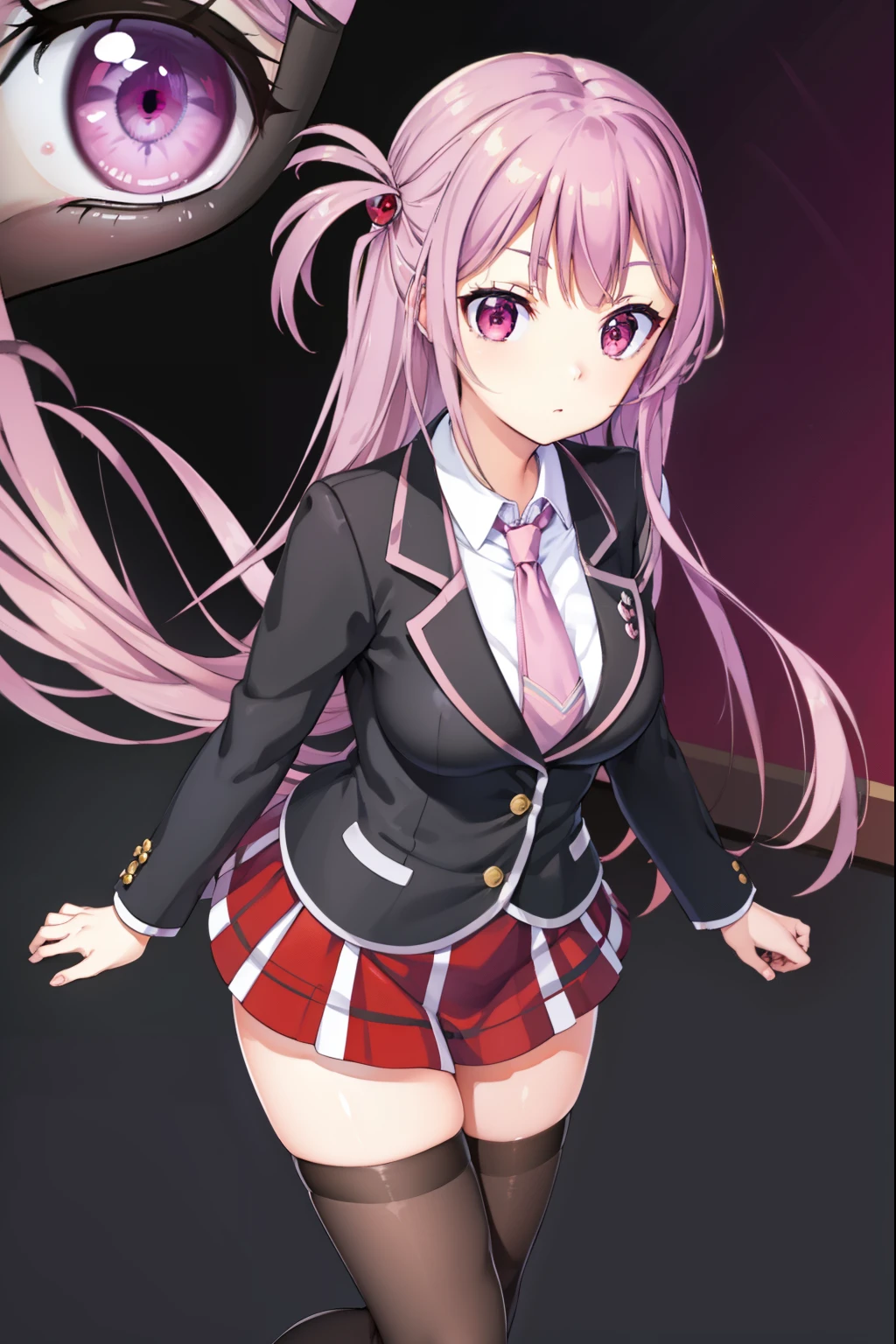 kaguyaarise, kaguya arise, long hair, (pink eyes:1.5), pink hair,
BREAK one side up, skirt, shirt, hair ornament, thighhighs, school uniform, jacket, white shirt, pleated skirt, necktie, hairclip, collared shirt, black thighhighs, black jacket, plaid, red skirt, blazer, green necktie, plaid necktie,
BREAK looking at viewer,
BREAK outdoors,
BREAK (masterpiece:1.2), best quality, high resolution, unity 8k wallpaper, (illustration:0.8), (beautiful detailed eyes:1.6), extremely detailed face, perfect lighting, extremely detailed CG, (perfect hands, perfect anatomy),