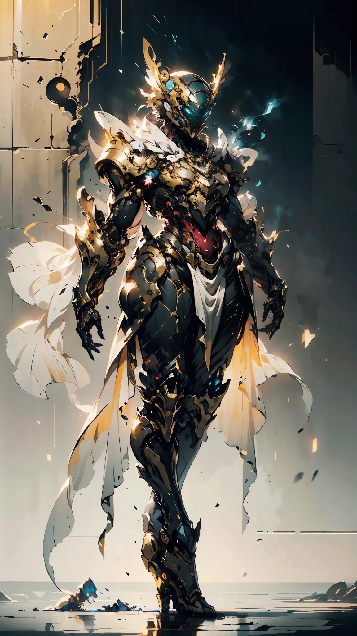 A woman adorned in fantasy-style full-body armor, a crown-concept fully enclosed helmet that unveils only her eyes, a composite layered chest plate, fully encompassing shoulder and hand guards, a lightweight waist armor, form-fitting shin guards, the overall design is heavy-duty yet flexible, (the armor gleams with a golden glow, complemented by red and blue accents), exhibiting a noble aura, she floats above a fantasy-surreal high-tech city, this character embodies a finely crafted fantasy-surreal style armored hero in anime style, exquisite and mature manga art style, (mixture of Queen bee and Spider concept Armor, plasma), ((Element, elegant, goddess, femminine:1.5)), metallic, high definition, best quality, highres, ultra-detailed, ultra-fine painting, extremely delicate, professional, anatomically correct, symmetrical face, extremely detailed eyes and face, high quality eyes, creativity, RAW photo, UHD, 32k, Natural light, cinematic lighting, masterpiece-anatomy-perfect, masterpiece:1.5