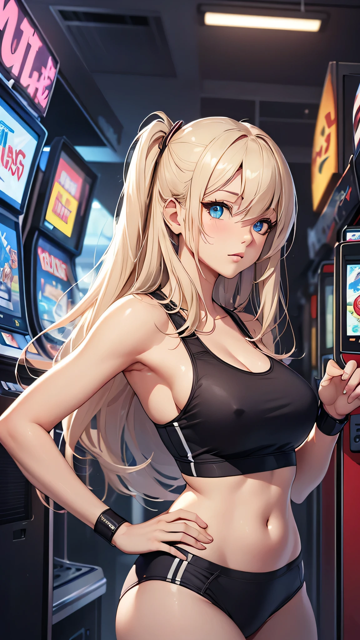 最high quality、best image quality、masterpiece、age girl((20-year-old、 By becoming、vest bust、medium bust,wide open breast tea、black eye, blonde hair、long hair、thin,highest valley、blue sports bra(1:2)、Blue sports pants、sweating、scattering of sweat、Flushed body、- And--Uppose、sexy)),high quality、beautiful art、background((arcade))debris flies、Depth of written boundary、movie、visual art、perfect art、8k,genuine、