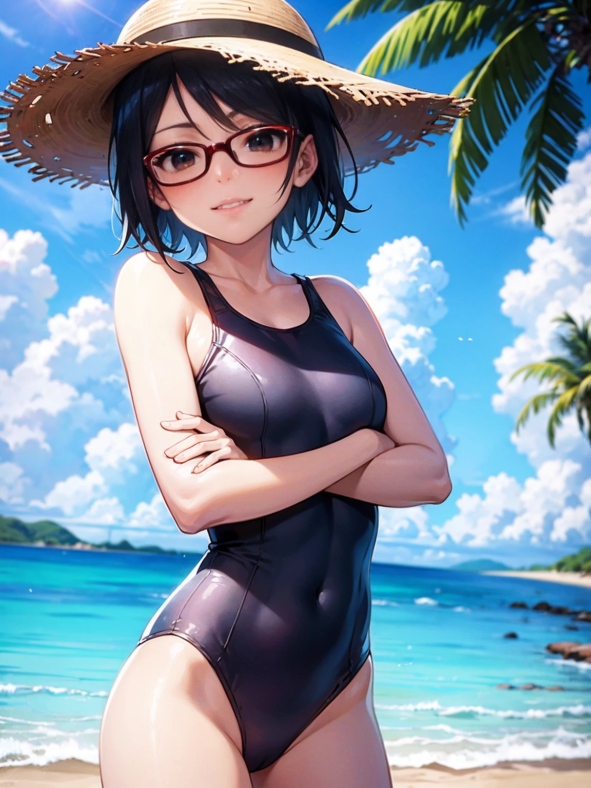 anime screencap, anime coloring, ((small breasts, black eyes, short hair)),
1girl,solo,black hair,short hair,(one-piece swimsuit:1.2), cowboy shot, glasses,red-framed eyewear,beach,outdoors,black eyes,straw hat,splashing,light smile, partially submerged, beach,dynamic pose, sun,blue sky, clouds,nature,crossed arms,