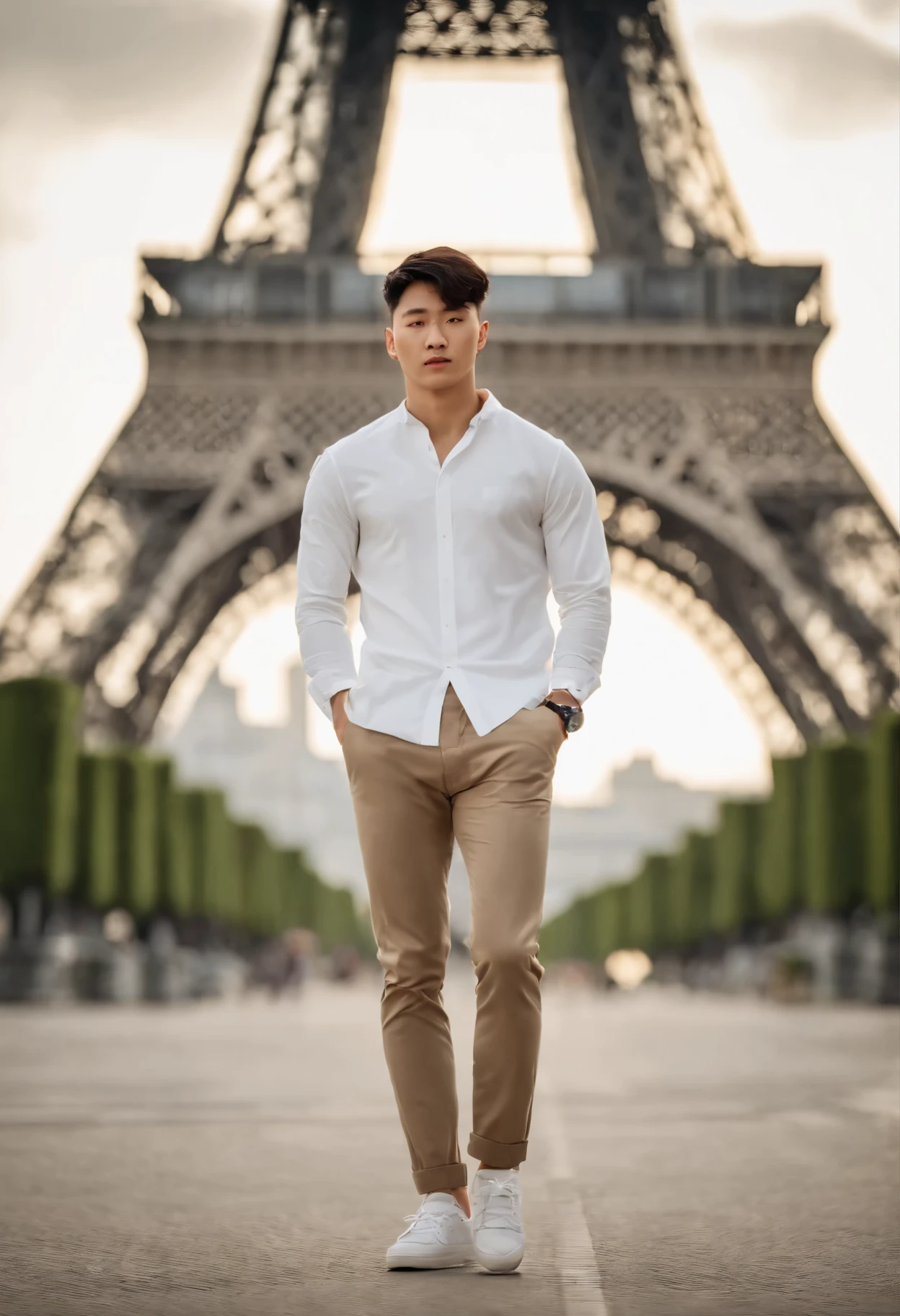 (8K, RAW photo, photorealistic:1.25), Full body shot, of a 25 year old, Korean man, fit body trapezoid, white skin, oval shape, two block hairstyle, wearing a white long-sleeved shirt rolled up, khaki angkle pants, white sneakers, eye to camera, standing in the Eiffel Tower, Eiffel Tower the background. 800mm lens, realistic, hyperrealistic, photography, focus photo, deep focus, very detailed, taken with hasselblad x2d, nature photo, professional photography, (bright color ):1.25.