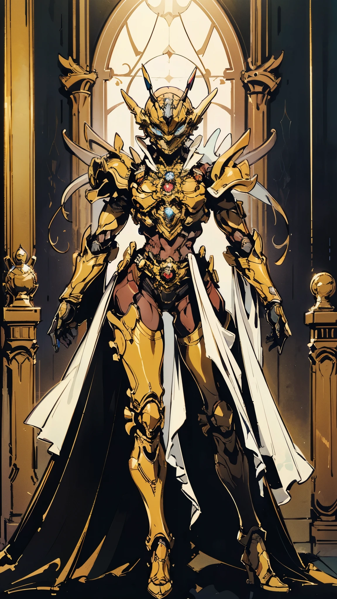 A woman adorned in fantasy-style full-body armor, a crown-concept fully enclosed helmet that unveils only her eyes, a composite layered chest plate, fully encompassing shoulder and hand guards, a lightweight waist armor, form-fitting shin guards, the overall design is heavy-duty yet flexible, (the armor gleams with a golden glow, complemented by red and blue accents), exhibiting a noble aura, she floats above a fantasy-surreal high-tech city, this character embodies a finely crafted fantasy-surreal style armored hero in anime style, exquisite and mature manga art style, (mixture of Queen bee and Spider concept Armor, plasma), ((Element, elegant, goddess, femminine:1.5)), metallic, high definition, best quality, highres, ultra-detailed, ultra-fine painting, extremely delicate, professional, anatomically correct, symmetrical face, extremely detailed eyes and face, high quality eyes, creativity, RAW photo, UHD, 32k, Natural light, cinematic lighting, masterpiece-anatomy-perfect, masterpiece:1.5