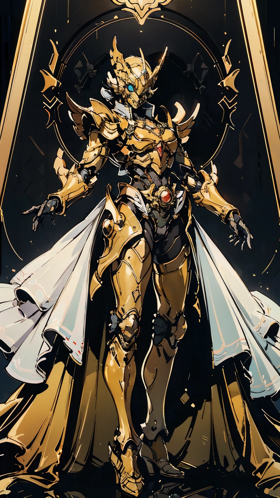 A woman adorned in fantasy-style full-body armor, a crown-concept fully enclosed helmet that unveils only her eyes, a composite layered chest plate, fully encompassing shoulder and hand guards, a lightweight waist armor, form-fitting shin guards, the overall design is heavy-duty yet flexible, (the armor gleams with a golden glow, complemented by red and blue accents), exhibiting a noble aura, she floats above a fantasy-surreal high-tech city, this character embodies a finely crafted fantasy-surreal style armored hero in anime style, exquisite and mature manga art style, (mixture of Queen bee and Spider concept Armor, plasma), ((Element, elegant, goddess, femminine:1.5)), metallic, high definition, best quality, highres, ultra-detailed, ultra-fine painting, extremely delicate, professional, anatomically correct, symmetrical face, extremely detailed eyes and face, high quality eyes, creativity, RAW photo, UHD, 32k, Natural light, cinematic lighting, masterpiece-anatomy-perfect, masterpiece:1.5