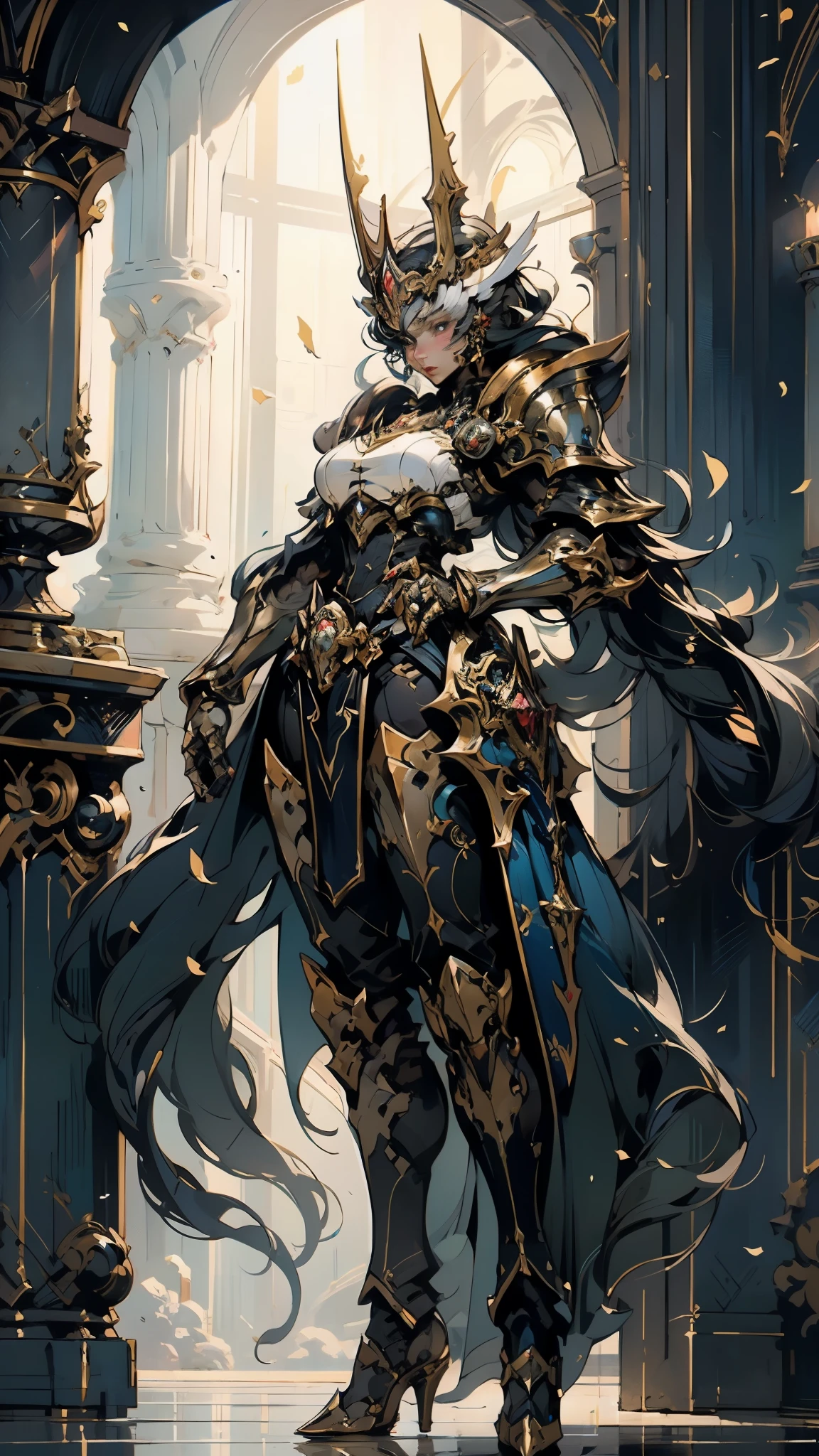 A woman adorned in fantasy-style full-body armor, a crown-concept fully enclosed helmet that unveils only her eyes, a composite layered chest plate, fully encompassing shoulder and hand guards, a lightweight waist armor, form-fitting shin guards, the overall design is heavy-duty yet flexible, (the armor gleams with a golden glow, complemented by red and blue accents), exhibiting a noble aura, she floats above a fantasy-surreal high-tech city, this character embodies a finely crafted fantasy-surreal style armored hero in anime style, exquisite and mature manga art style, (mixture of Queen bee and Spider concept Armor, plasma), ((Element, elegant, goddess, femminine:1.5)), metallic, high definition, best quality, highres, ultra-detailed, ultra-fine painting, extremely delicate, professional, anatomically correct, symmetrical face, extremely detailed eyes and face, high quality eyes, creativity, RAW photo, UHD, 32k, Natural light, cinematic lighting, masterpiece-anatomy-perfect, masterpiece:1.5