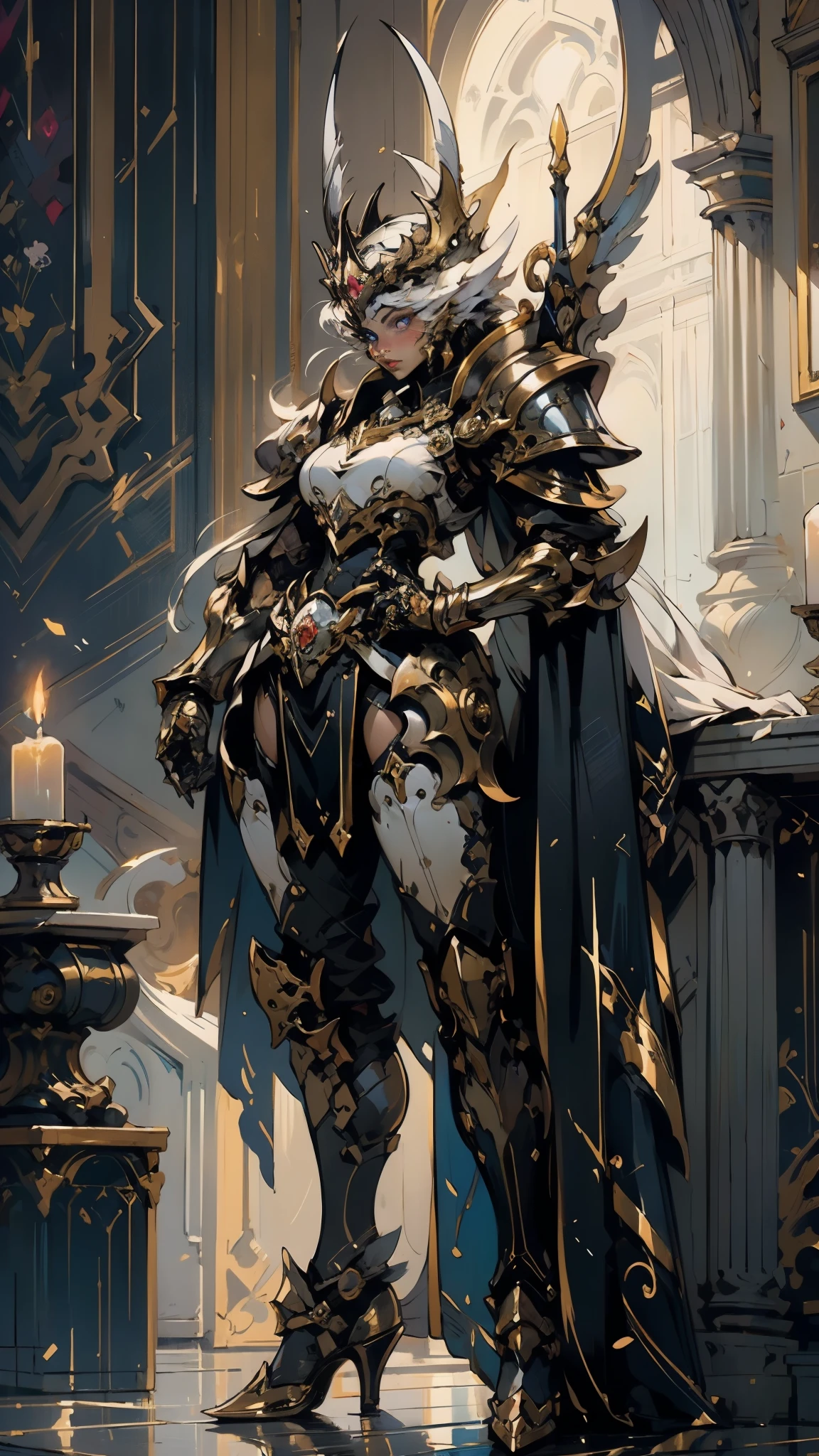 A woman adorned in fantasy-style full-body armor, a crown-concept fully enclosed helmet that unveils only her eyes, a composite layered chest plate, fully encompassing shoulder and hand guards, a lightweight waist armor, form-fitting shin guards, the overall design is heavy-duty yet flexible, (the armor gleams with a golden glow, complemented by red and blue accents), exhibiting a noble aura, she floats above a fantasy-surreal high-tech city, this character embodies a finely crafted fantasy-surreal style armored hero in anime style, exquisite and mature manga art style, (mixture of Queen bee and Spider concept Armor, plasma), ((Element, elegant, goddess, femminine:1.5)), metallic, high definition, best quality, highres, ultra-detailed, ultra-fine painting, extremely delicate, professional, anatomically correct, symmetrical face, extremely detailed eyes and face, high quality eyes, creativity, RAW photo, UHD, 32k, Natural light, cinematic lighting, masterpiece-anatomy-perfect, masterpiece:1.5