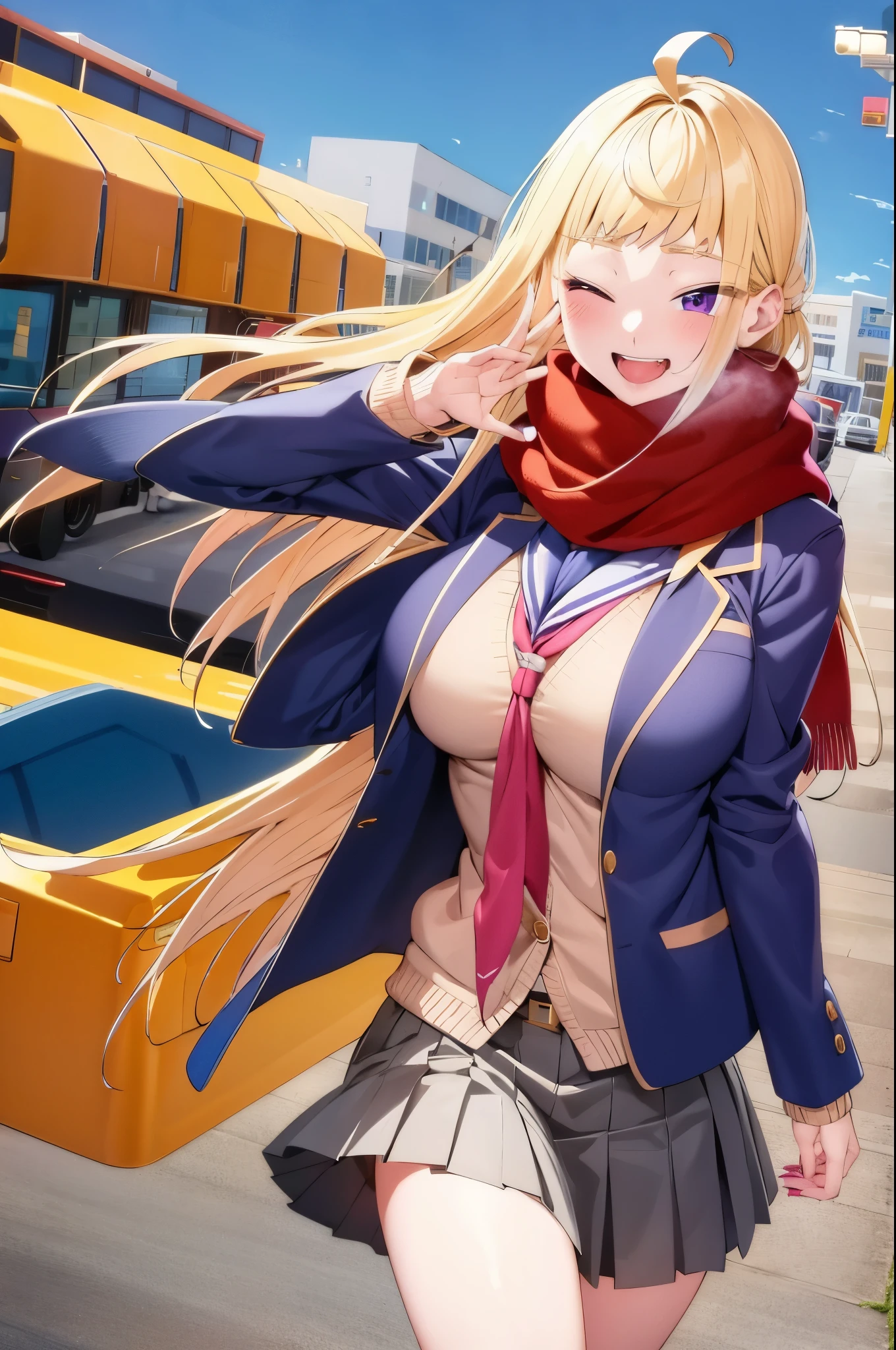 minami_fuyuki, 1girl,ahoge, solo, scarf, one eye closed, breasts, pink cardigan, jacket, cardigan, smile, purple eyes, skirt, red scarf, school uniform, blue nails, looking at viewer, open mouth, large breasts, white background, tongue, blush, blue jacket, breath, bangs, hair behind ear, teeth, pleated skirt, very long hair, grey skirt, tongue out, blazer 