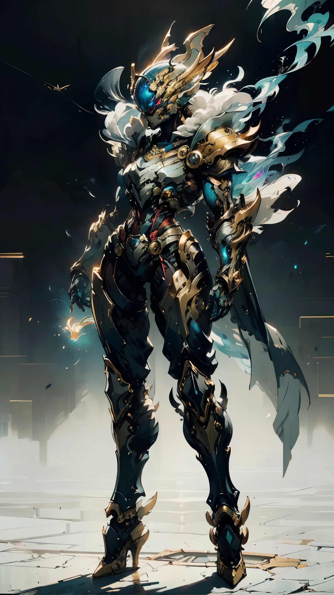 A woman adorned in fantasy-style full-body armor, a crown-concept fully enclosed helmet that unveils only her eyes, a composite layered chest plate, fully encompassing shoulder and hand guards, a lightweight waist armor, form-fitting shin guards, the overall design is heavy-duty yet flexible, (the armor gleams with a golden glow, complemented by red and blue accents), exhibiting a noble aura, she floats above a fantasy-surreal high-tech city, this character embodies a finely crafted fantasy-surreal style armored hero in anime style, exquisite and mature manga art style, (mixture of Queen bee and Spider concept Armor, plasma), ((Element, elegant, goddess, femminine:1.5)), metallic, high definition, best quality, highres, ultra-detailed, ultra-fine painting, extremely delicate, professional, anatomically correct, symmetrical face, extremely detailed eyes and face, high quality eyes, creativity, RAW photo, UHD, 32k, Natural light, cinematic lighting, masterpiece-anatomy-perfect, masterpiece:1.5