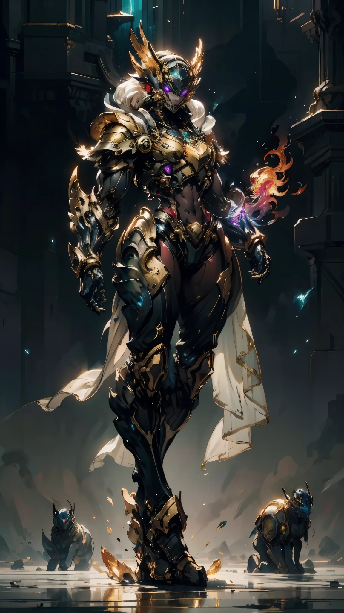 A woman adorned in fantasy-style full-body armor, a crown-concept fully enclosed helmet that unveils only her eyes, a composite layered chest plate, fully encompassing shoulder and hand guards, a lightweight waist armor, form-fitting shin guards, the overall design is heavy-duty yet flexible, (the armor gleams with a golden glow, complemented by red and blue accents), exhibiting a noble aura, she floats above a fantasy-surreal high-tech city, this character embodies a finely crafted fantasy-surreal style armored hero in anime style, exquisite and mature manga art style, (mixture of Queen bee and Spider concept Armor, plasma), ((Element, elegant, goddess, femminine:1.5)), metallic, high definition, best quality, highres, ultra-detailed, ultra-fine painting, extremely delicate, professional, anatomically correct, symmetrical face, extremely detailed eyes and face, high quality eyes, creativity, RAW photo, UHD, 32k, Natural light, cinematic lighting, masterpiece-anatomy-perfect, masterpiece:1.5