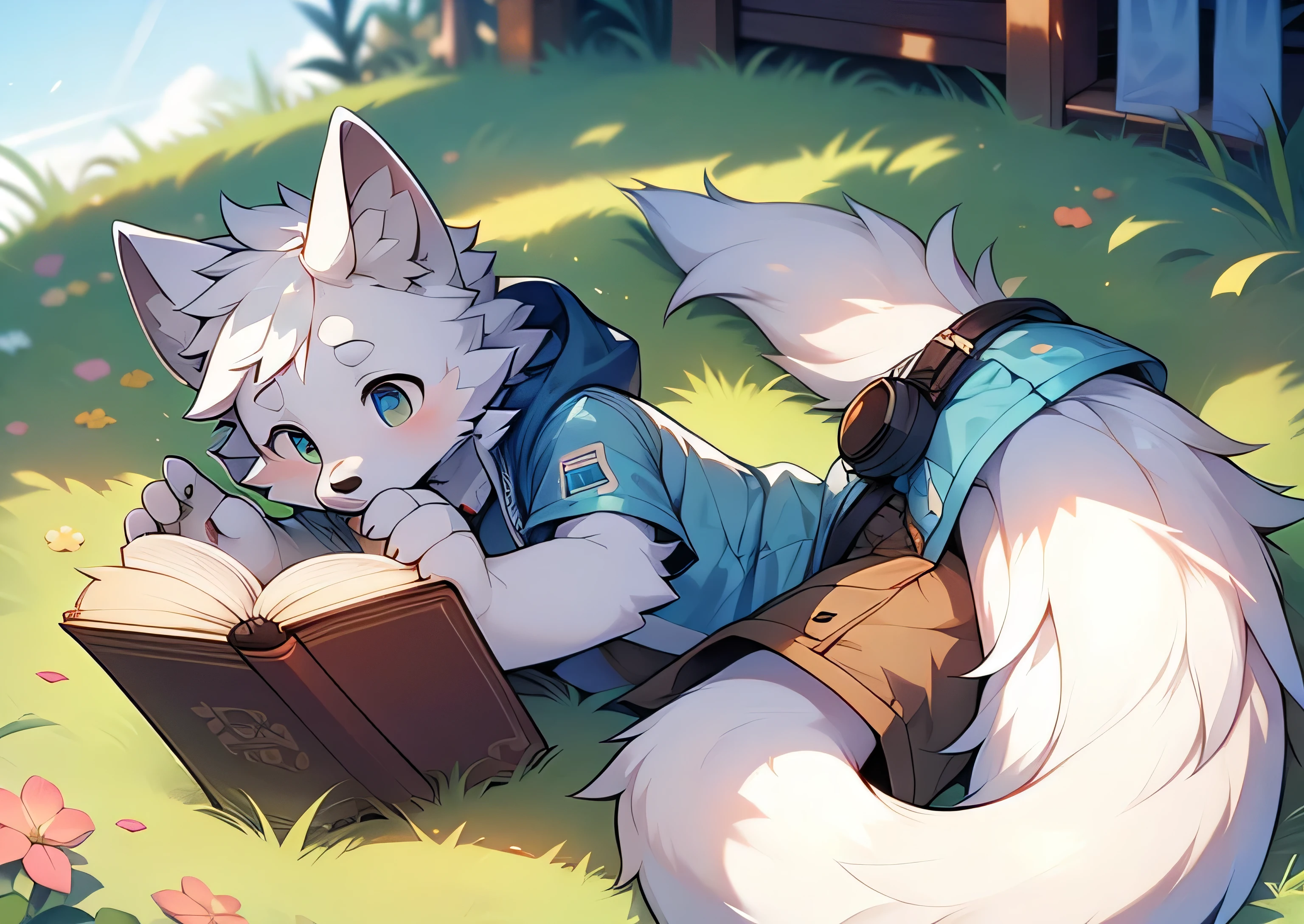 white,arctic fox,hairy,Lovely,juvenile,windbreaker,goggles,lying down,Lying on the grass and reading a book,spring,Sunlight