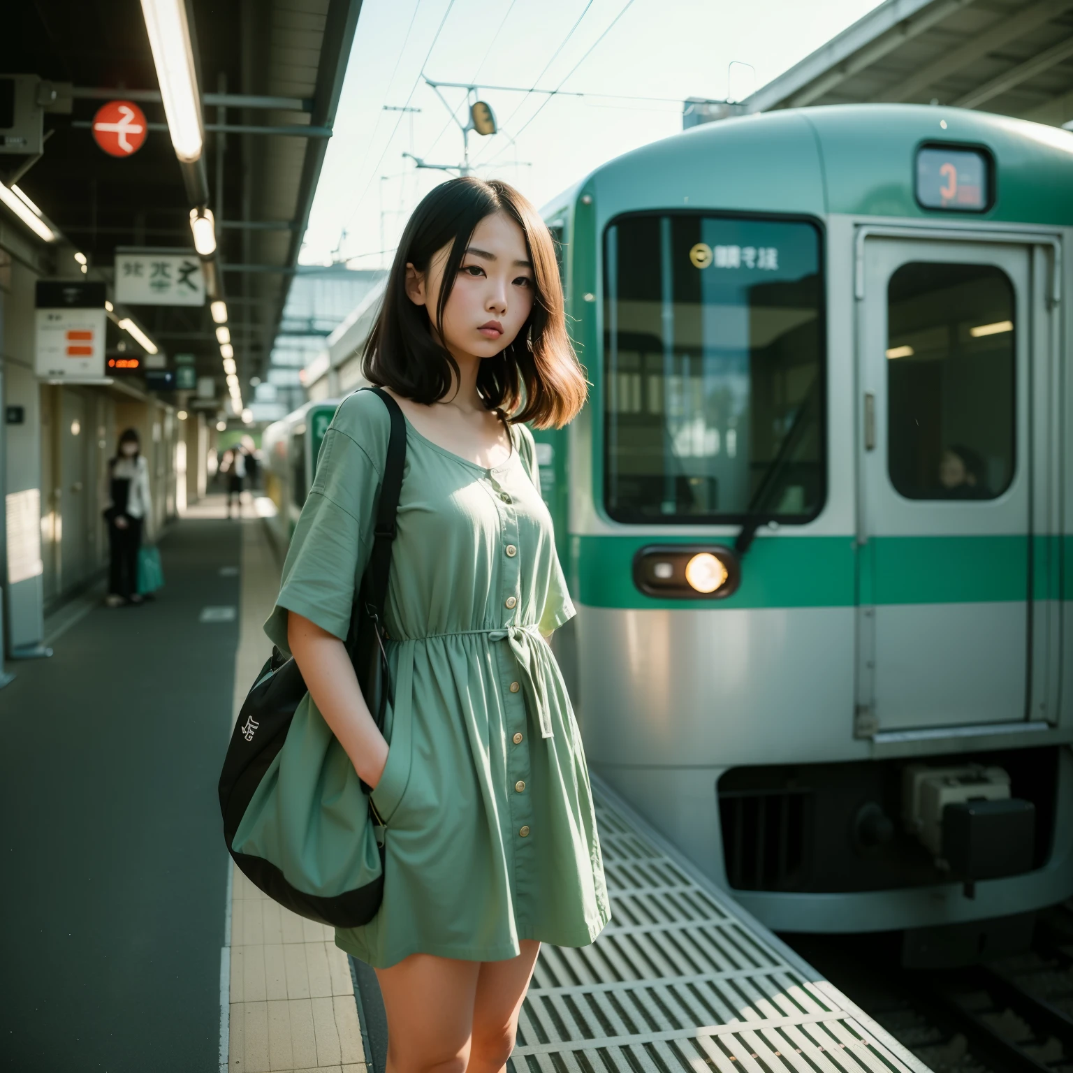 araffe woman standing on platform next to train at station, japan travel aesthetic, japanese model, green clothes, anime style mixed with fujifilm, green dress, lone girl waiting for the train, by Narashige Koide, by Torii Kiyomoto, lofi girl aesthetic, portrait of a japanese , tokyo fashion, by Yanagawa Nobusada