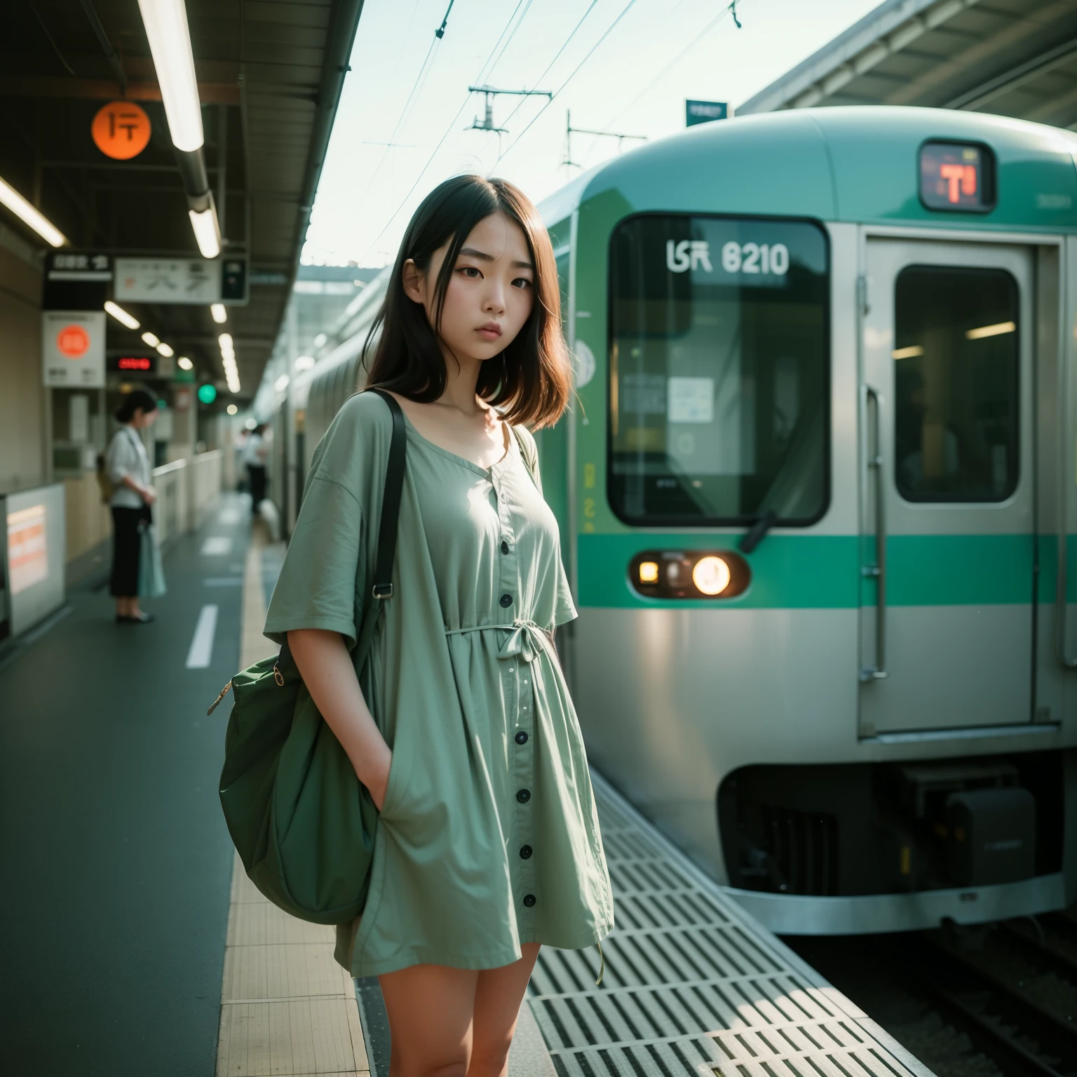 araffe woman standing on platform next to train at station, japan travel aesthetic, japanese model, green clothes, anime style mixed with fujifilm, green dress, lone girl waiting for the train, by Narashige Koide, by Torii Kiyomoto, lofi girl aesthetic, portrait of a japanese teen, tokyo fashion, by Yanagawa Nobusada