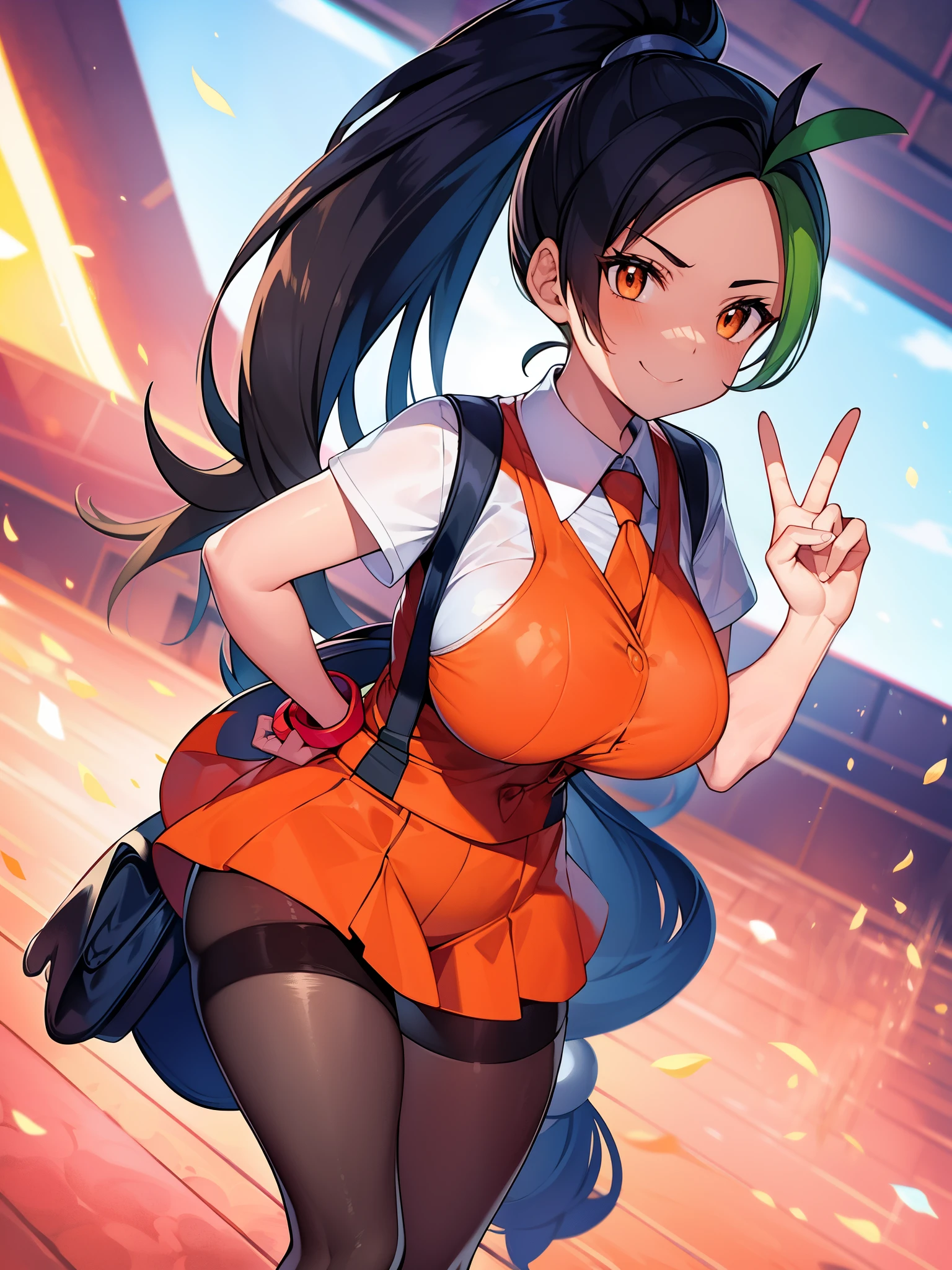 Pokémon、Nemo、big tits milf、big tits milf、big tits milf、solo、Nemoナ、long hair、orange eyes、ponytail、look at viewer、black pantyhose、gloves、orange tie、orange shorts、short sleeve、school uniform、stage、stageライト、Spotlight、peace sign、dutch angle、smile