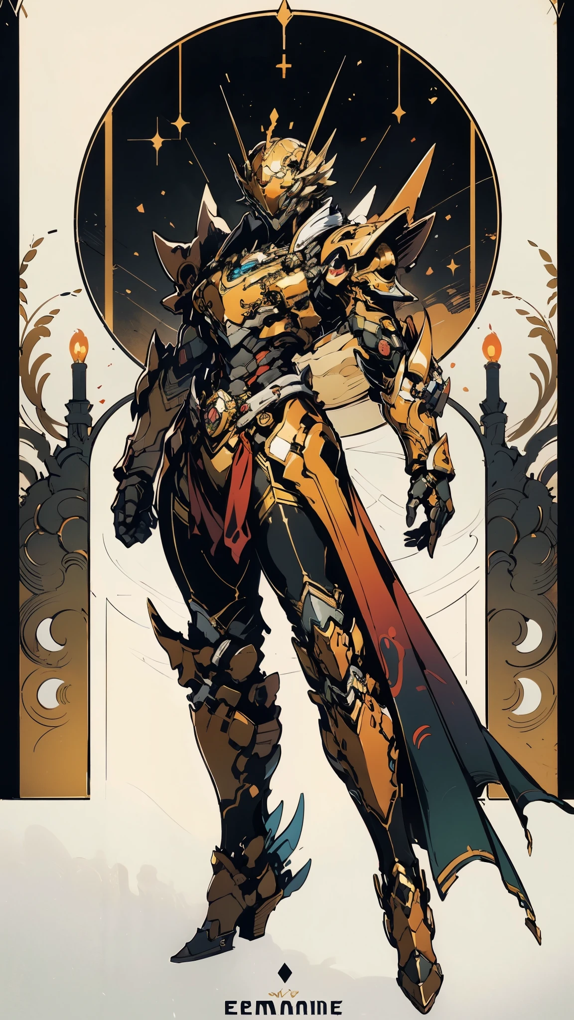 A woman adorned in fantasy-style full-body armor, a crown-concept fully enclosed helmet that unveils only her eyes, a composite layered chest plate, fully encompassing shoulder and hand guards, a lightweight waist armor, form-fitting shin guards, the overall design is heavy-duty yet flexible, (the armor gleams with a golden glow, complemented by red and blue accents), exhibiting a noble aura, she floats above a fantasy-surreal high-tech city, this character embodies a finely crafted fantasy-surreal style armored hero in anime style, exquisite and mature manga art style, (mixture of Queen bee and Spider concept Armor, plasma), ((Element, elegant, goddess, femminine:1.5)), metallic, high definition, best quality, highres, ultra-detailed, ultra-fine painting, extremely delicate, professional, anatomically correct, symmetrical face, extremely detailed eyes and face, high quality eyes, creativity, RAW photo, UHD, 32k, Natural light, cinematic lighting, masterpiece-anatomy-perfect, masterpiece:1.5