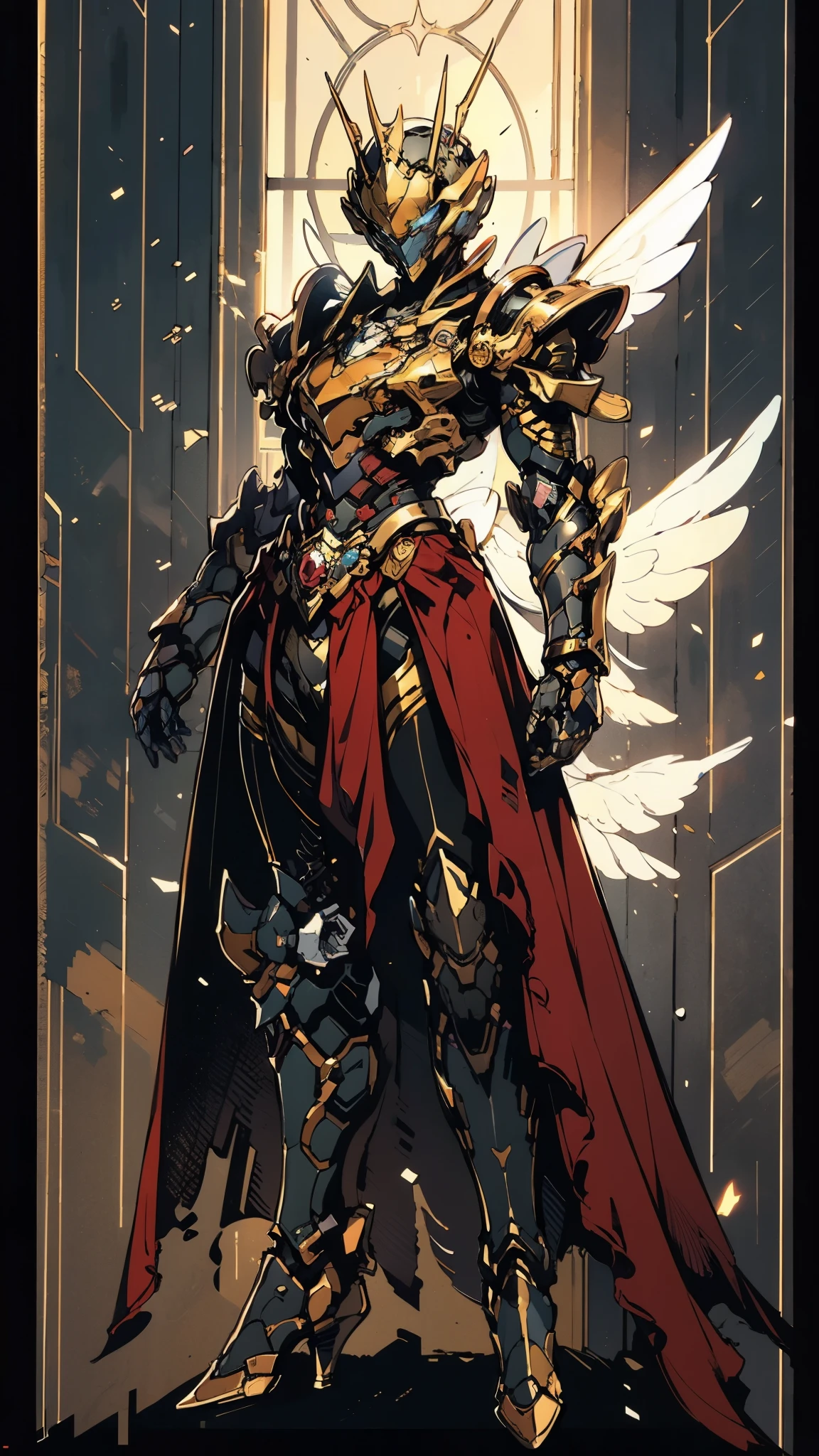 A woman adorned in fantasy-style full-body armor, a crown-concept fully enclosed helmet that unveils only her eyes, a composite layered chest plate, fully encompassing shoulder and hand guards, a lightweight waist armor, form-fitting shin guards, the overall design is heavy-duty yet flexible, (the armor gleams with a golden glow, complemented by red and blue accents), exhibiting a noble aura, she floats above a fantasy-surreal high-tech city, this character embodies a finely crafted fantasy-surreal style armored hero in anime style, exquisite and mature manga art style, (mixture of Queen bee and Spider concept Armor, plasma), ((Element, elegant, goddess, femminine:1.5)), metallic, high definition, best quality, highres, ultra-detailed, ultra-fine painting, extremely delicate, professional, anatomically correct, symmetrical face, extremely detailed eyes and face, high quality eyes, creativity, RAW photo, UHD, 32k, Natural light, cinematic lighting, masterpiece-anatomy-perfect, masterpiece:1.5