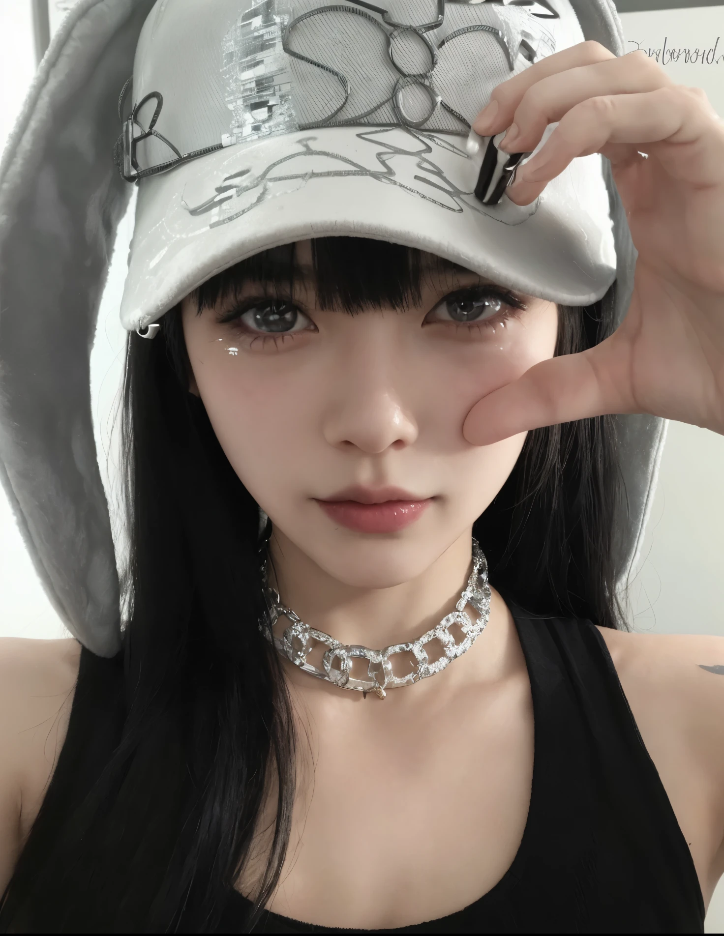a close up of a woman wearing a hat and a necklace, wearing a chocker and cute hat, cruel korean goth girl, wearing cybernetic bunny ears, piercings collar, with long floppy rabbit ears, with bunny ears, ahegao face, goth girl aesthetic, anime girl in real life, ahegao, pale goth beauty