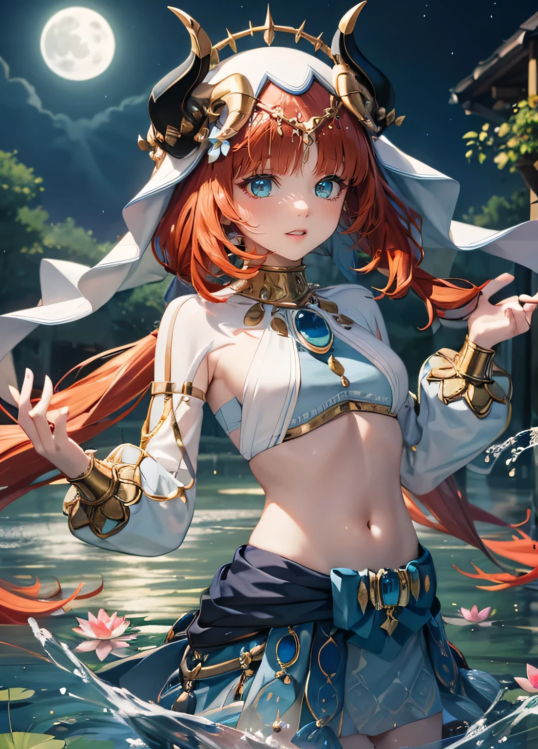 (Realistic drawing style:1.1), Masterpiece, Best quality, to the Nile (neither flower nor mist) (Genshin&#39;influence),against the background of a pond and lotus flowers, sea green eyes, to the Nile (Genshin&#39;influence), fake horns, 1 girl, One, reD hair, veil, smile, moon, long hair, crop top, Jewelry, horns, night, , brooch, long sleeves, puffy long sleeves, I&#39;m looking at the viewer, skirt, clap, Ponytail, water, Puffy sleeves, sky, Neck ring, open mouth, :D, full moon, night sky, flower, harem outfit, clap, above the handle, Breast, hoop, outDoors, blue skirt, hair ornament, DetacheD sleeves, low Ponytail, floating hair, gem, hair flower, blue , hanD up, Dancer, white heaDwear, small Breast,very long hair
