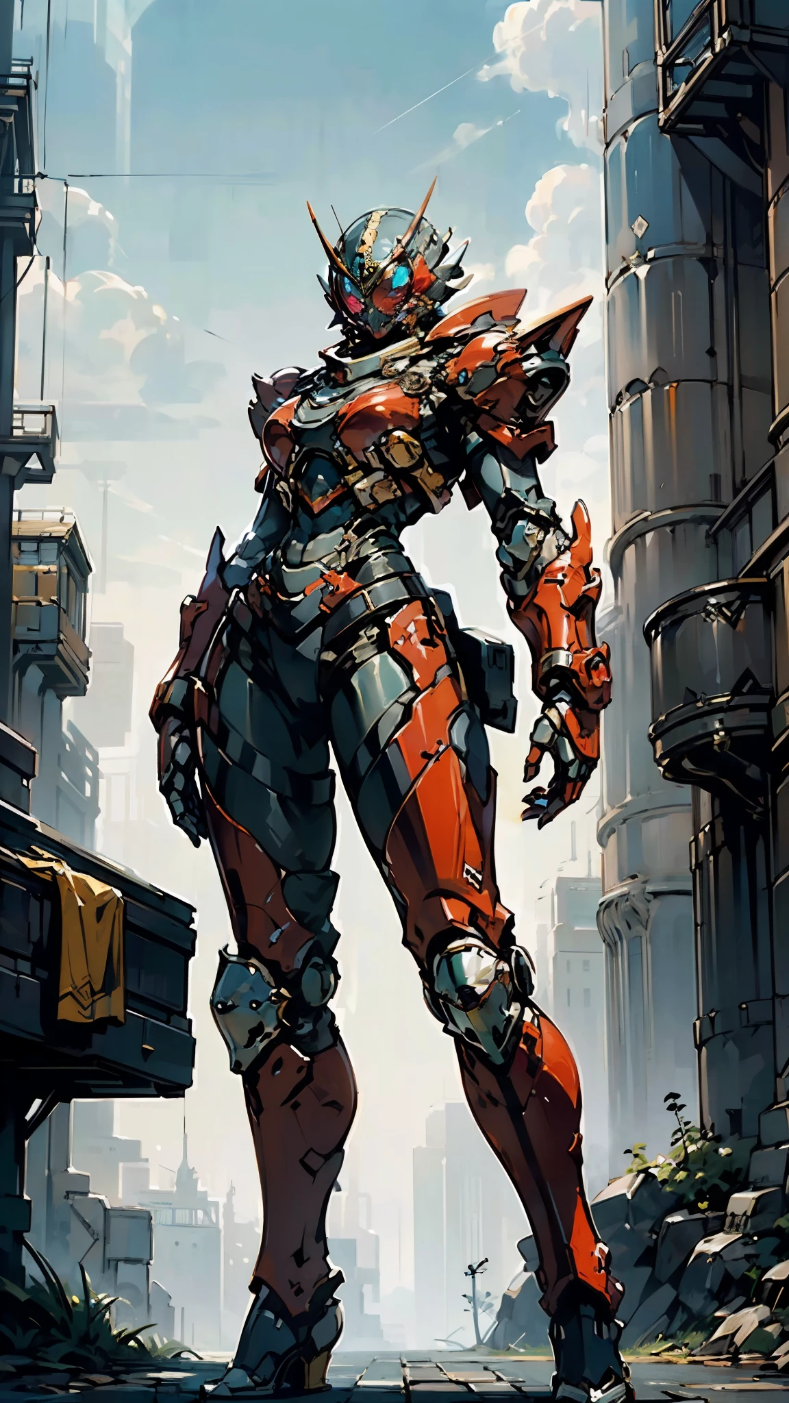 A woman adorned in fantasy-style full-body armor, a crown-concept fully enclosed helmet that unveils only her eyes, a composite layered chest plate, fully encompassing shoulder and hand guards, a lightweight waist armor, form-fitting shin guards, the overall design is heavy-duty yet flexible, (the armor gleams with a golden glow, complemented by red and blue accents), exhibiting a noble aura, she floats above a fantasy-surreal high-tech city, this character embodies a finely crafted fantasy-surreal style armored hero in anime style, exquisite and mature manga art style, (mixture of Queen bee and Spider concept Armor, plasma), ((Element, elegant, goddess, femminine:1.5)), metallic, high definition, best quality, highres, ultra-detailed, ultra-fine painting, extremely delicate, professional, anatomically correct, symmetrical face, extremely detailed eyes and face, high quality eyes, creativity, RAW photo, UHD, 32k, Natural light, cinematic lighting, masterpiece-anatomy-perfect, masterpiece:1.5