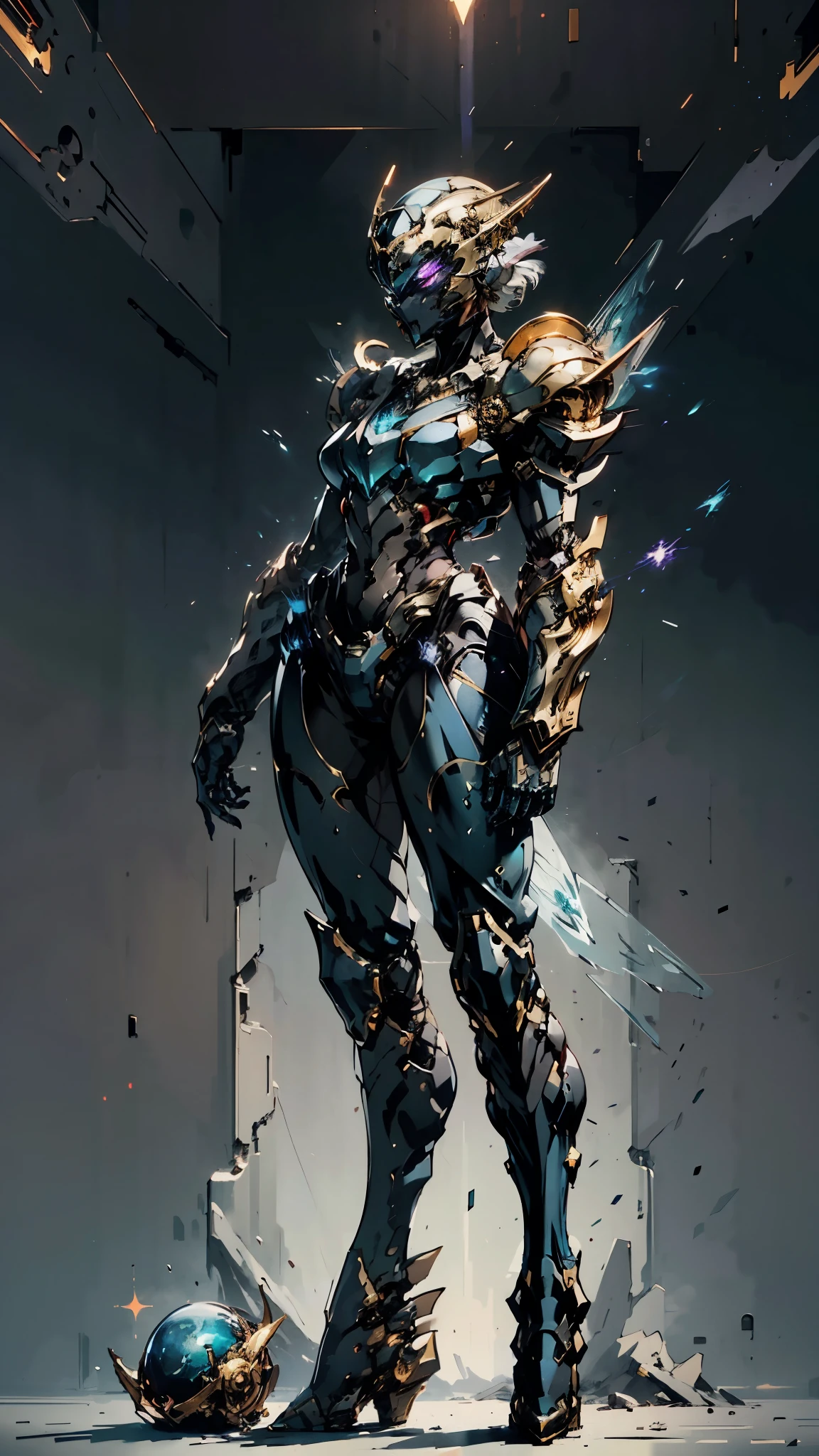 A woman adorned in fantasy-style full-body armor, a crown-concept fully enclosed helmet that unveils only her eyes, a composite layered chest plate, fully encompassing shoulder and hand guards, a lightweight waist armor, form-fitting shin guards, the overall design is heavy-duty yet flexible, (the armor gleams with a golden glow, complemented by red and blue accents), exhibiting a noble aura, she floats above a fantasy-surreal high-tech city, this character embodies a finely crafted fantasy-surreal style armored hero in anime style, exquisite and mature manga art style, (mixture of Queen bee and Spider concept Armor, plasma), ((Element, elegant, goddess, femminine:1.5)), metallic, high definition, best quality, highres, ultra-detailed, ultra-fine painting, extremely delicate, professional, anatomically correct, symmetrical face, extremely detailed eyes and face, high quality eyes, creativity, RAW photo, UHD, 32k, Natural light, cinematic lighting, masterpiece-anatomy-perfect, masterpiece:1.5