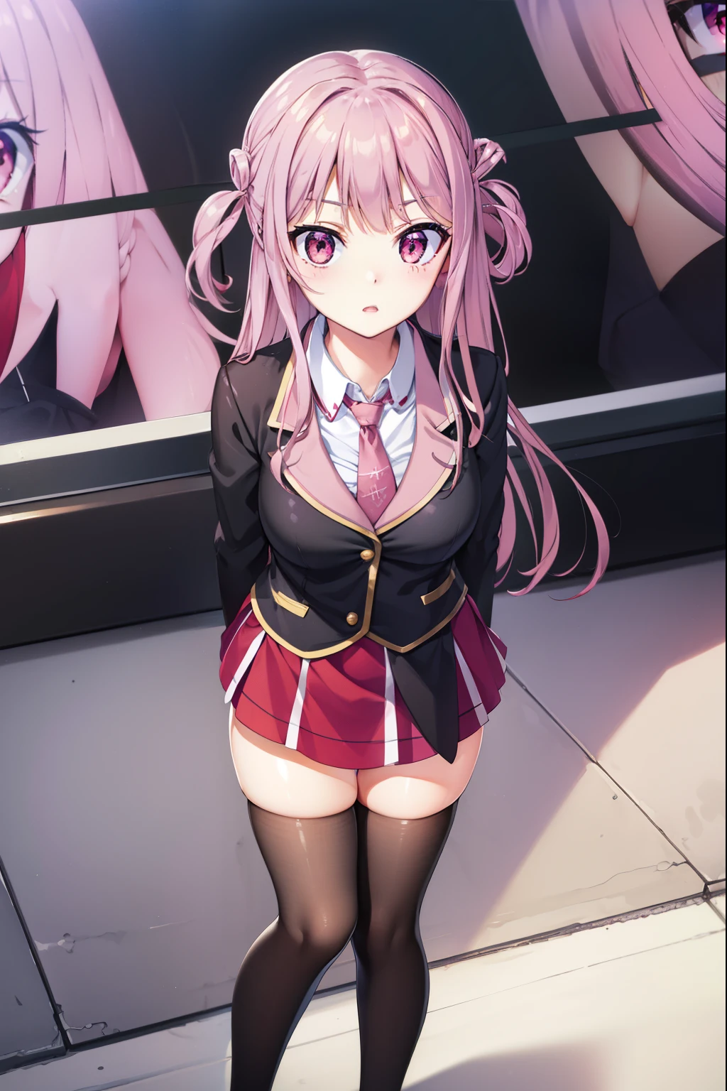 kaguyaarise, kaguya arise, long hair, (pink eyes:1.5), pink hair,
BREAK one side up, skirt, shirt, hair ornament, thighhighs, school uniform, jacket, white shirt, pleated skirt, necktie, hairclip, collared shirt, black thighhighs, black jacket, plaid, red skirt, blazer, green necktie, plaid necktie,
BREAK looking at viewer,
BREAK outdoors,
BREAK (masterpiece:1.2), best quality, high resolution, unity 8k wallpaper, (illustration:0.8), (beautiful detailed eyes:1.6), extremely detailed face, perfect lighting, extremely detailed CG, (perfect hands, perfect anatomy),