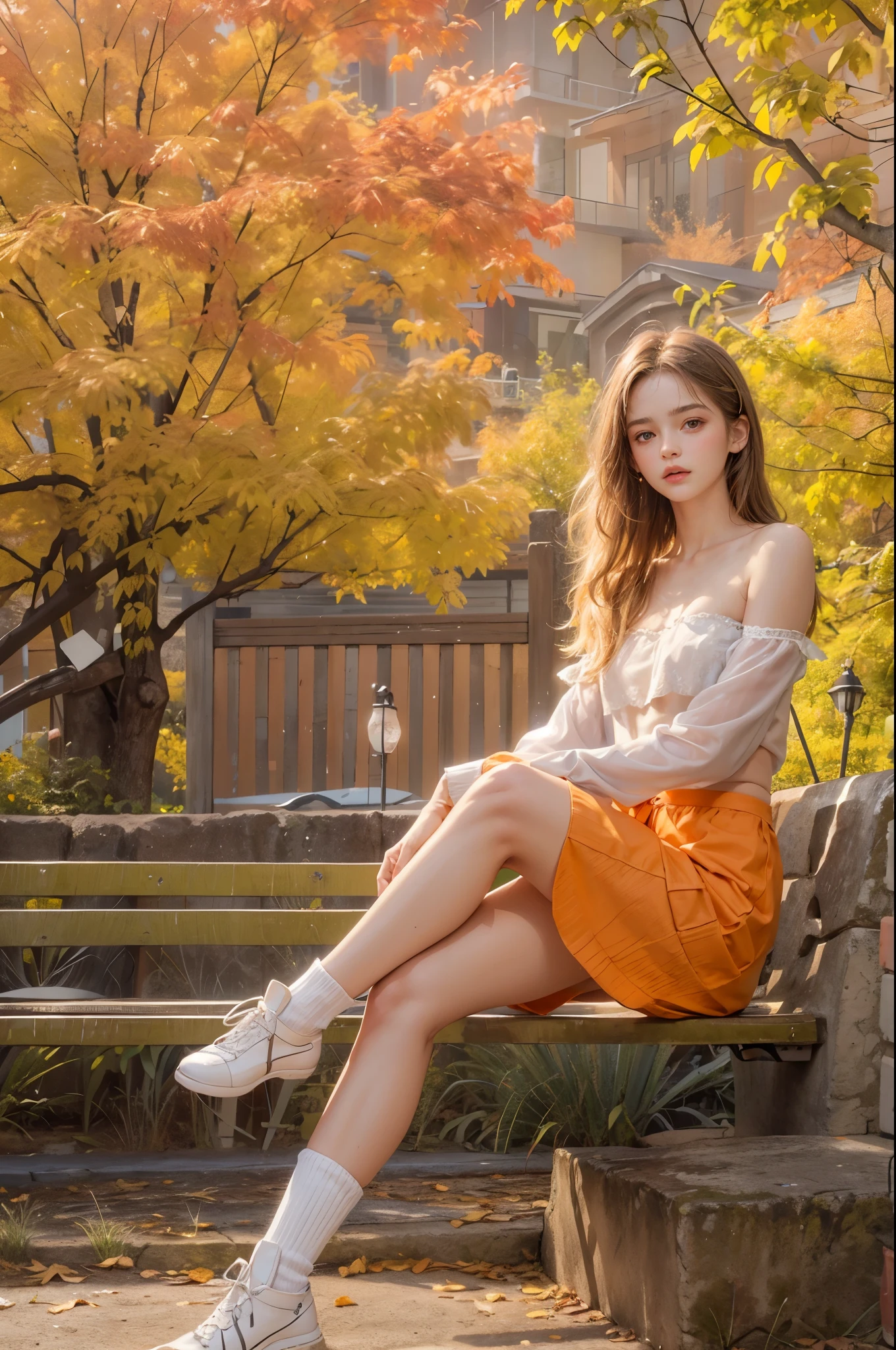 masterpiece, best quality, high quality, High definition, High quality texture, High quality shadow, high detail, beautiful detailed, finely detailed, extremely detailed cg, detailed texture, a realistic representation of the face, realistic, colorful, delicate, sharp focus, (intricate details, makeup, PureErosFace_V1:0.5), (detailed beautiful delicate face, detailed beautiful delicate eyes, a face of perfect proportion, high detailed skin, detailed skin, best ratio four finger and one thumb, skiny and thin:1.3), 1girl, 17 years old, tall, (smooth_abs:1.55), (abs:0.5), pretty, masterpiece, highres, (long_skinny_legs), (straight_legs), (skinny_waist), (((fair skin))), white skin, (((pale skin))), (Emma_watson), big_breast, (((Caucasian))), Light blonde hair, full body, portrait of 1 cute blonde girl, film grain, Fujifilm XT3, dreamy. ((full body)), ((from side)), ((Sit on a park bench, slender leg)), Short orange short skirt, (Campus style), autumn afternoon warm lights, bloom, orange fog, motion, Simple blurred background, ((orange sport bandeau)), orange fruit