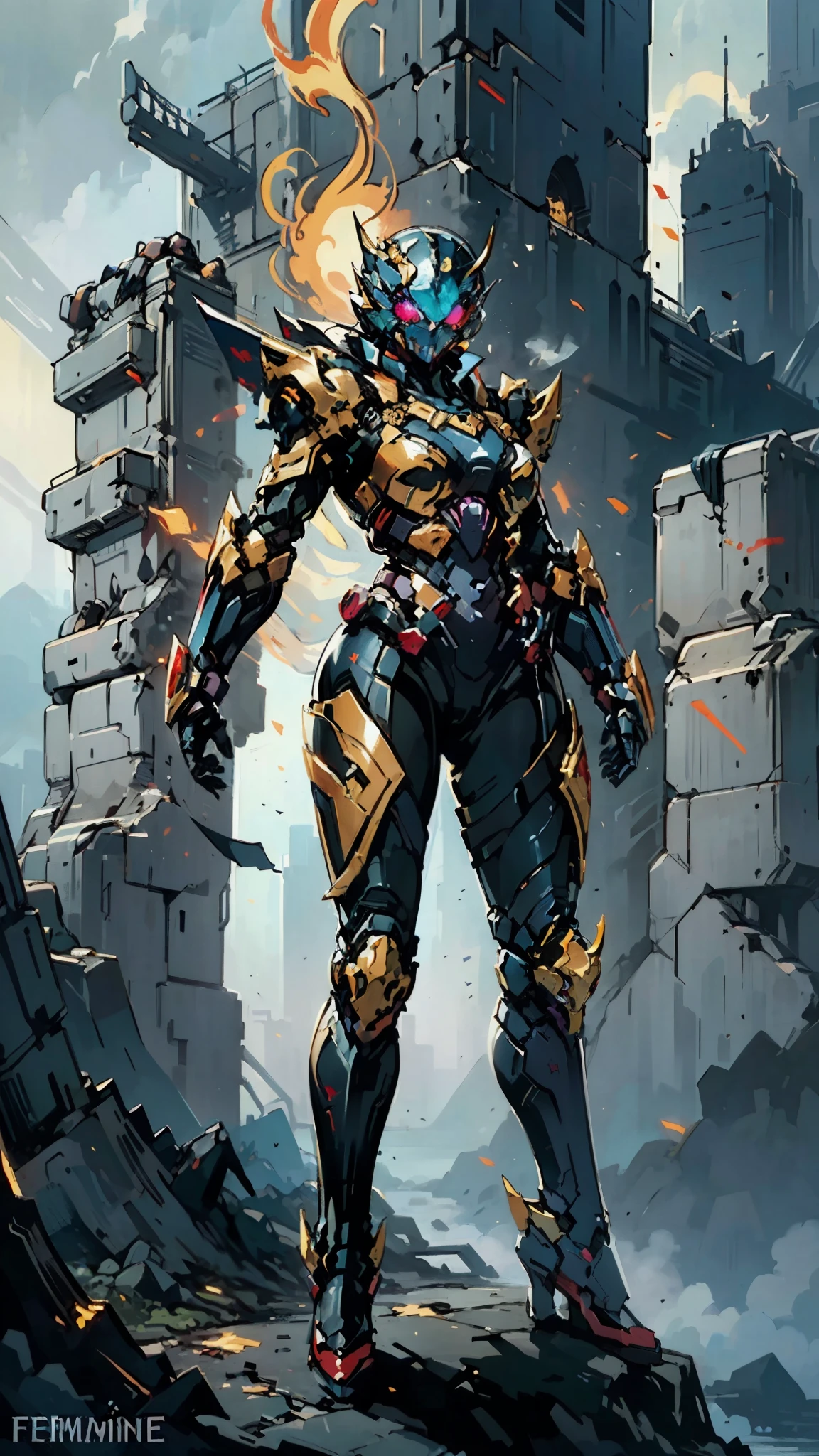 A woman adorned in fantasy-style full-body armor, a crown-concept fully enclosed helmet that unveils only her eyes, a composite layered chest plate, fully encompassing shoulder and hand guards, a lightweight waist armor, form-fitting shin guards, the overall design is heavy-duty yet flexible, (the armor gleams with a golden glow, complemented by red and blue accents), exhibiting a noble aura, she floats above a fantasy-surreal high-tech city, this character embodies a finely crafted fantasy-surreal style armored hero in anime style, exquisite and mature manga art style, (mixture of Queen bee and Spider concept Armor, plasma), ((Element, elegant, goddess, femminine:1.5)), metallic, high definition, best quality, highres, ultra-detailed, ultra-fine painting, extremely delicate, professional, anatomically correct, symmetrical face, extremely detailed eyes and face, high quality eyes, creativity, RAW photo, UHD, 32k, Natural light, cinematic lighting, masterpiece-anatomy-perfect, masterpiece:1.5