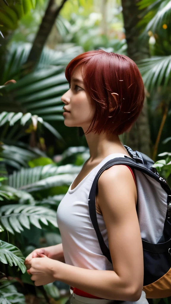 long shot of pretty girl exploring jungle, side view, wear loose white tanktop, wear tight khaki hotpants, carrying backpack, blushing, dirty body, sweaty, short bob hair, red hair. medium body, tanned skin.