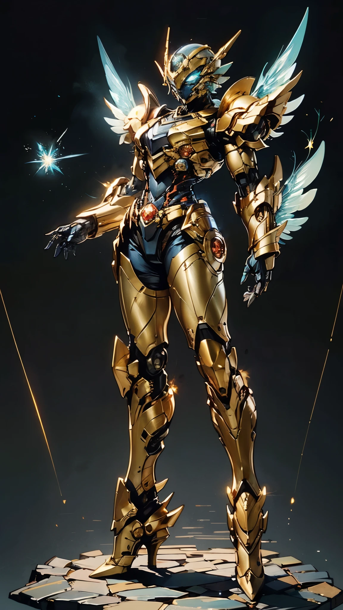 A woman adorned in fantasy-style full-body armor, a crown-concept fully enclosed helmet that unveils only her eyes, a composite layered chest plate, fully encompassing shoulder and hand guards, a lightweight waist armor, form-fitting shin guards, the overall design is heavy-duty yet flexible, (the armor gleams with a golden glow, complemented by red and blue accents), exhibiting a noble aura, she floats above a fantasy-surreal high-tech city, this character embodies a finely crafted fantasy-surreal style armored hero in anime style, exquisite and mature manga art style, (mixture of Queen bee and Spider concept Armor, plasma), ((Element, elegant, goddess, femminine:1.5)), metallic, high definition, best quality, highres, ultra-detailed, ultra-fine painting, extremely delicate, professional, anatomically correct, symmetrical face, extremely detailed eyes and face, high quality eyes, creativity, RAW photo, UHD, 32k, Natural light, cinematic lighting, masterpiece-anatomy-perfect, masterpiece:1.5