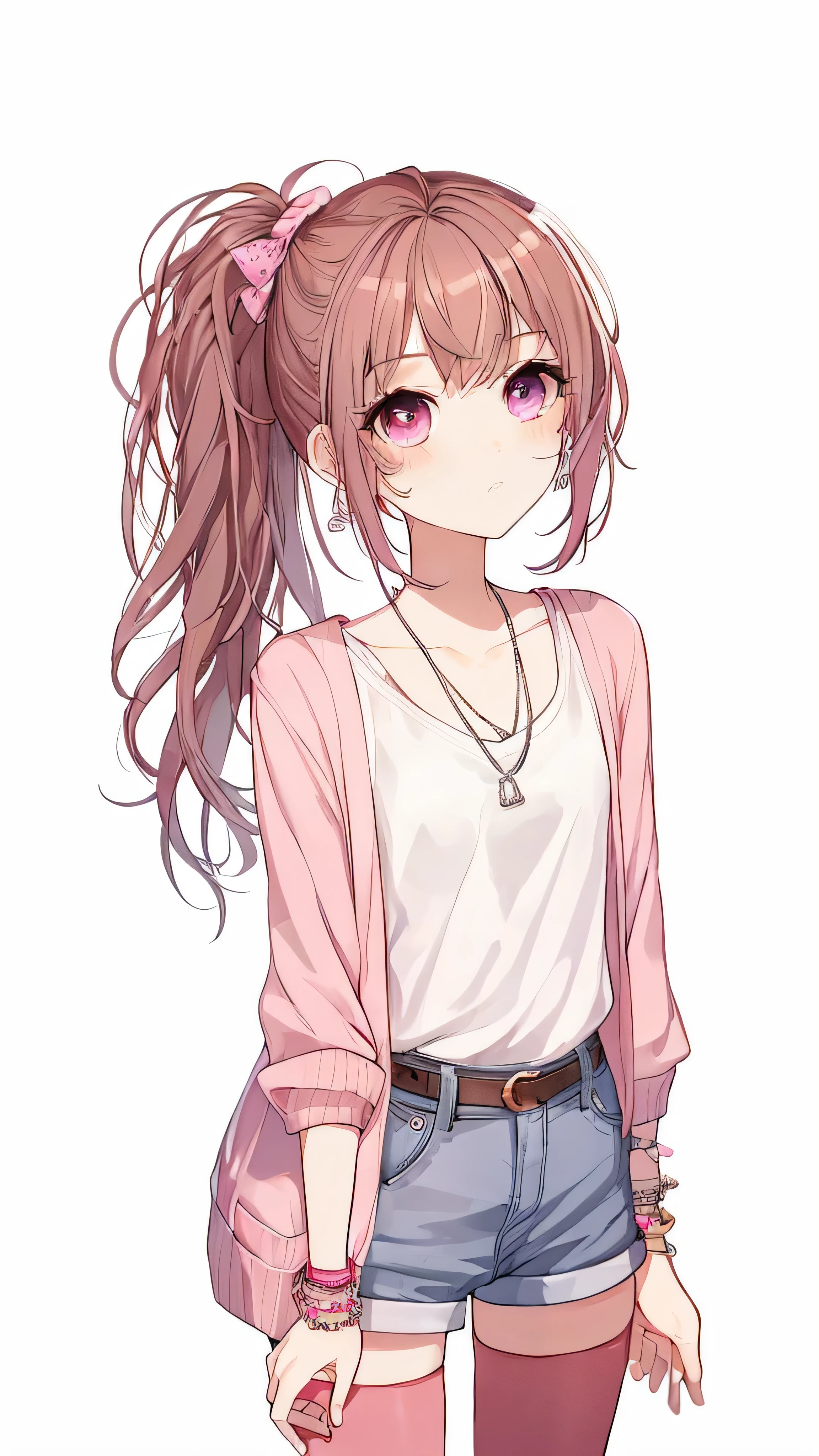 1 girl, likeい, human, designer, slim,
BREAK
side ponytail, side ponytail, side ponytail, medium hair, forehead bangs, hair color: pink,
BREAK cute eyes, pupil black, iris pink, like々nice face,
BREAK casual style, white t-shirt, pink cardigan, denim shorts,
BREAK design silver chain necklace, Colorful Bangle,
BREAK anime style, flat high quality illustration,
blake portrait,
break
White background.
