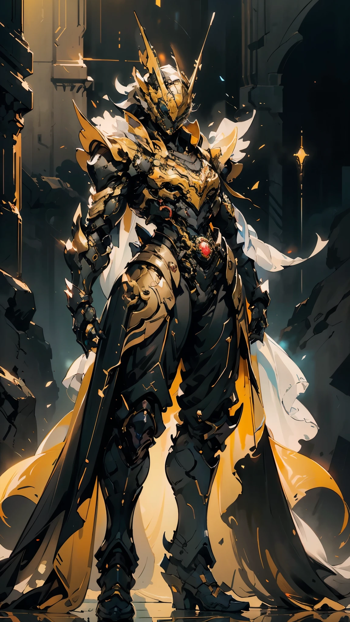 A woman adorned in fantasy-style full-body armor, a crown-concept fully enclosed helmet that unveils only her eyes, a composite layered chest plate, fully encompassing shoulder and hand guards, a lightweight waist armor, form-fitting shin guards, the overall design is heavy-duty yet flexible, (the armor gleams with a golden glow, complemented by red and blue accents), exhibiting a noble aura, she floats above a fantasy-surreal high-tech city, this character embodies a finely crafted fantasy-surreal style armored hero in anime style, exquisite and mature manga art style, (mixture of Queen bee and Spider concept Armor, plasma), ((Element, elegant, goddess, femminine:1.5)), metallic, high definition, best quality, highres, ultra-detailed, ultra-fine painting, extremely delicate, professional, anatomically correct, symmetrical face, extremely detailed eyes and face, high quality eyes, creativity, RAW photo, UHD, 32k, Natural light, cinematic lighting, masterpiece-anatomy-perfect, masterpiece:1.5